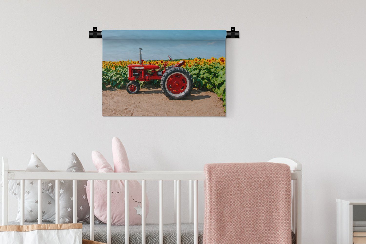Kleid, Wanddekoobjekt Wohnzimmer, Blumen, - Bauernhof - Traktor Sonnenblume - Kinderzimmer Wanddeko Wandbehang, MuchoWow Rot - Schlafzimmer, für