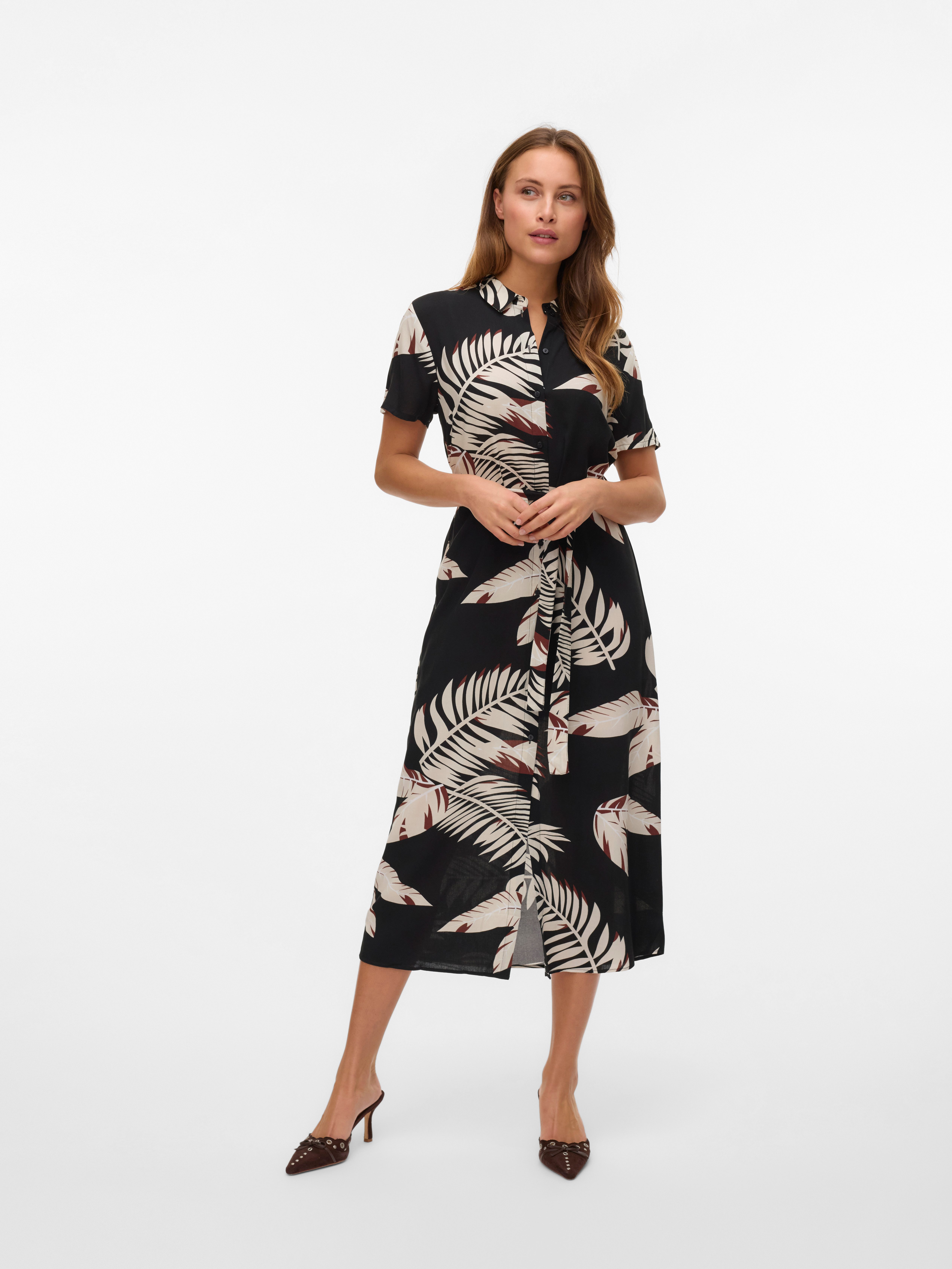 VERO MODA Damenkleid – 7/8-Ärmel, Tailliert Mit Bindegürtel, Sommer-Maxikleid In Schwarz