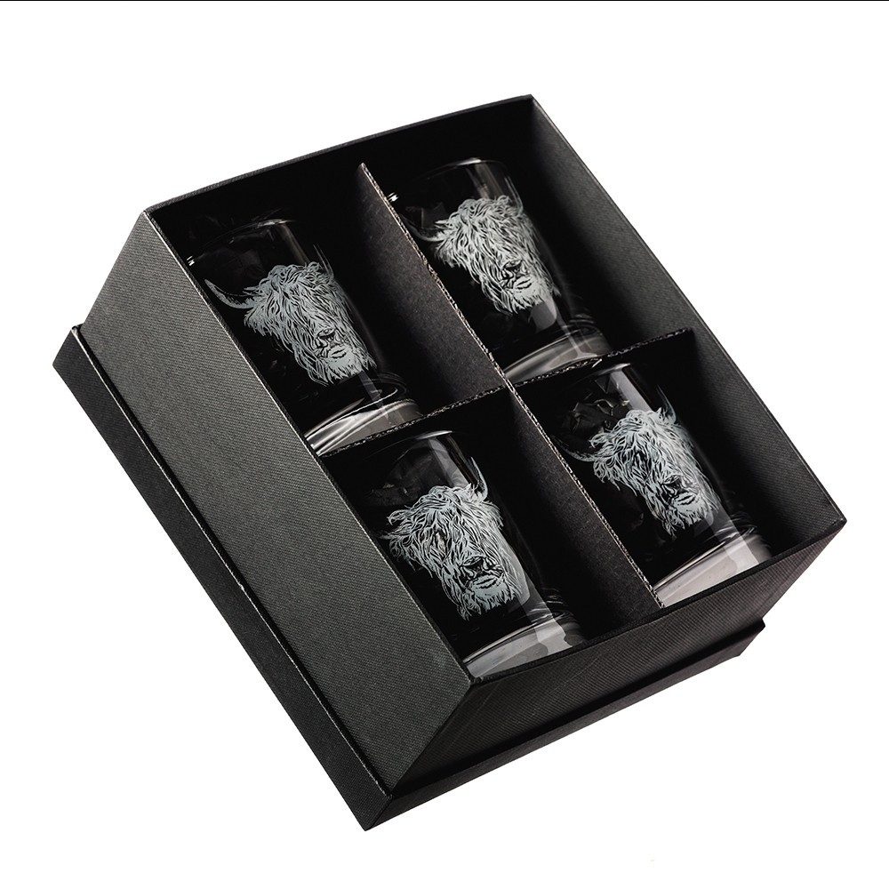 Whiskyglas Whisky-Gläser 4er-Geschenkset mit Hochlandrind-Gravur