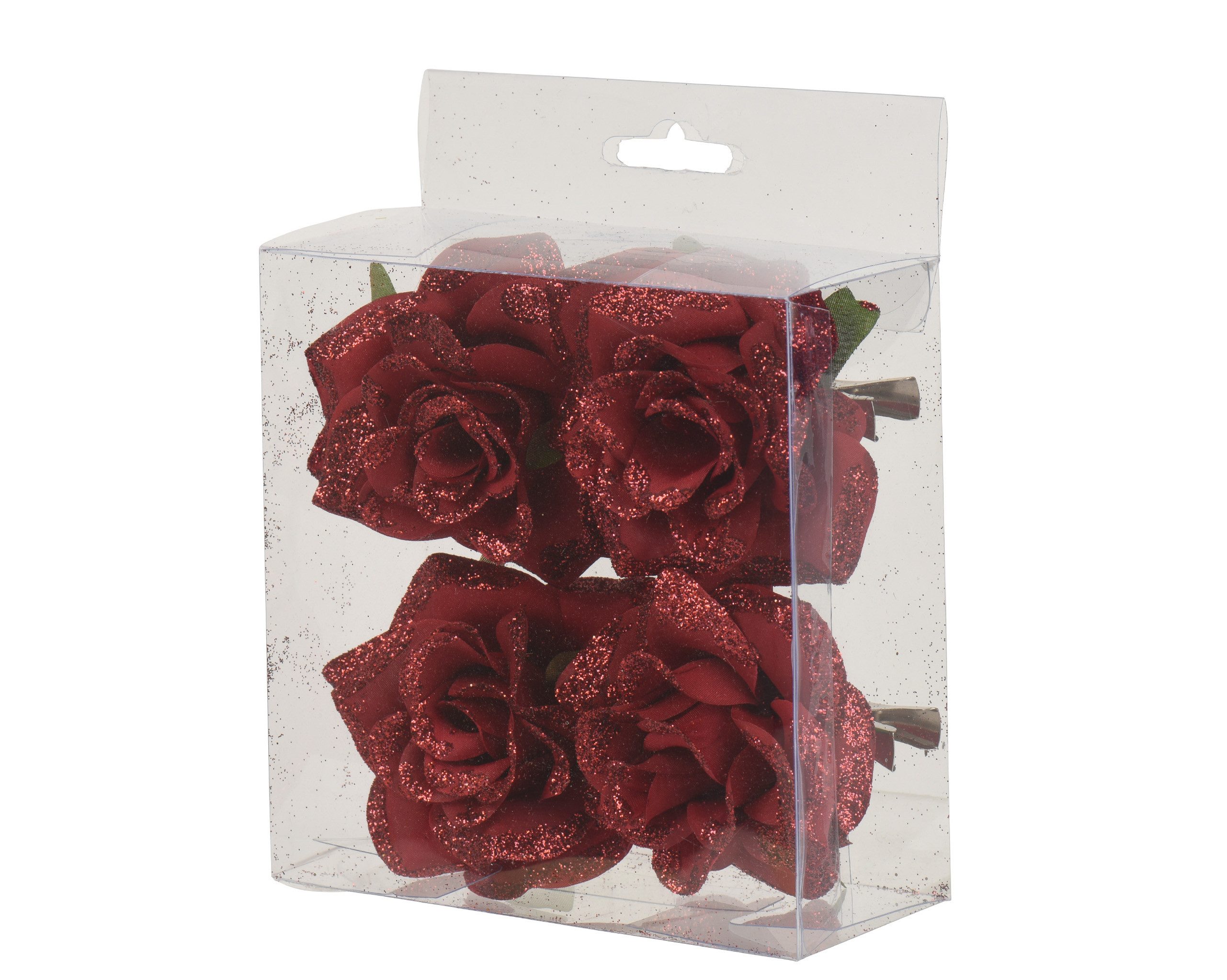 Kaemingk Weihnachtsbaumklammer, Kunstblumen Rose auf Clip 8cm mit Glitzer 4er Set Ochsenblut