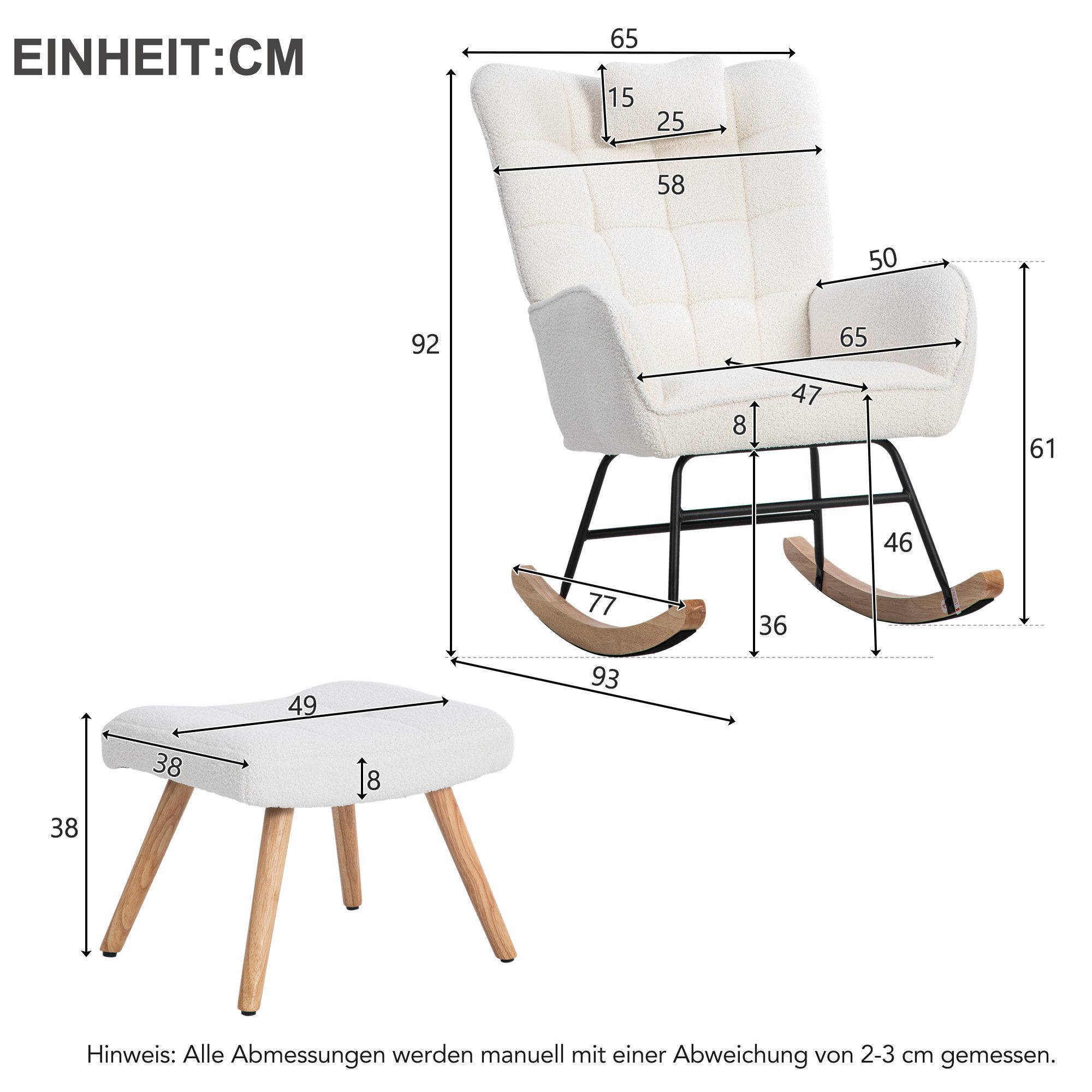 IDEASY Loungesessel Bequemer Schaukelstuhl, 93 cm hoch, Sitzbreite 43 cm – (inklusive 1 Fußstütze (49*38*37 cm) und 1 Lendenkissen), mit Relaxfunktion