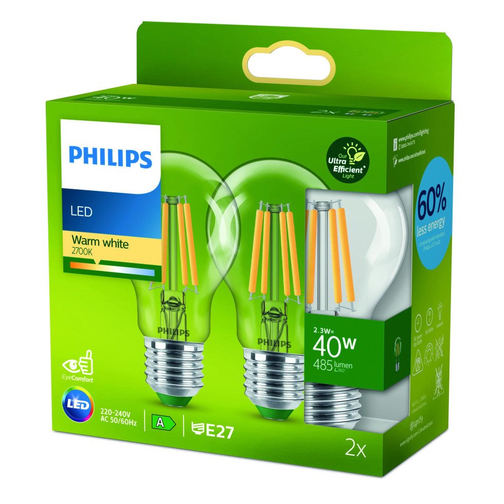 Philips LED-Leuchtmittel Philips LED-Leuchtmittel A60 E27 4W klar 2e Pack, Nicht dimmbar