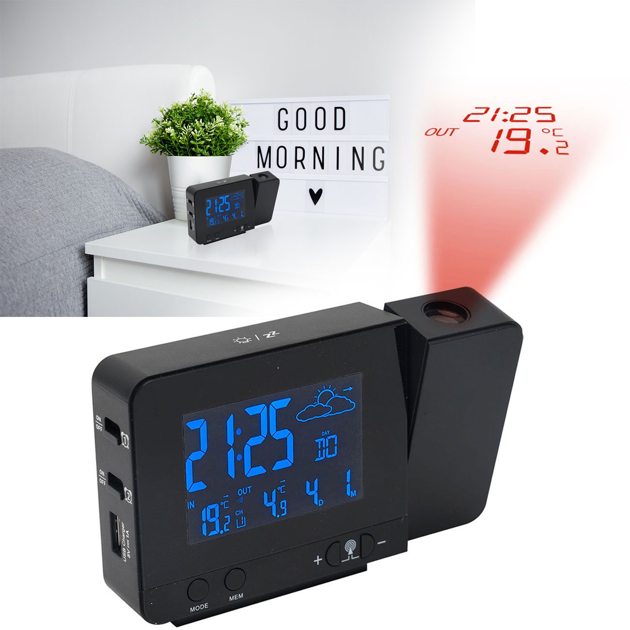 Casativo Projektionswecker 2-in-1 Projektionswecker & Funk-Wetterstation mit USB-Port