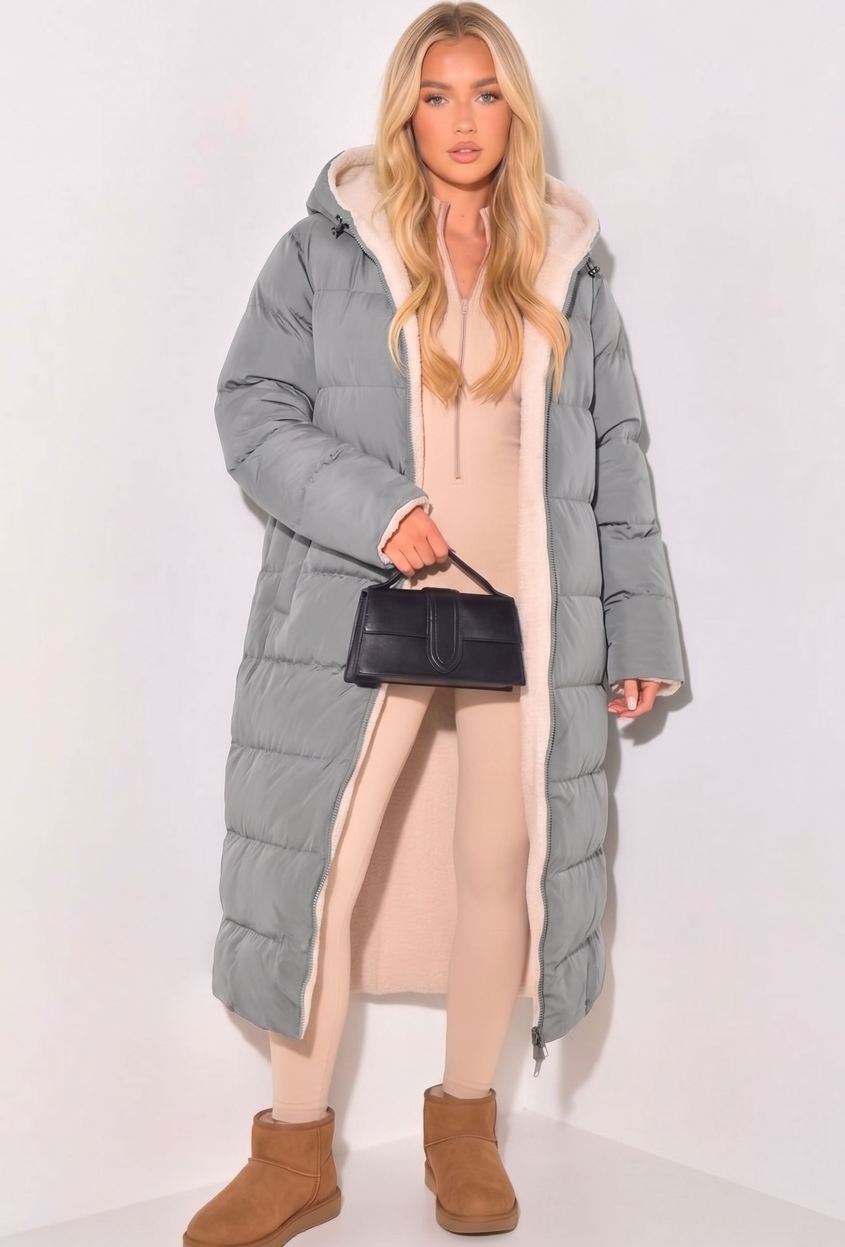 Copperose Winterjacke Wende-Wintermantel Oversized langer Stepp- und Teddyfell-Mantel 7591 mit Kapuze
