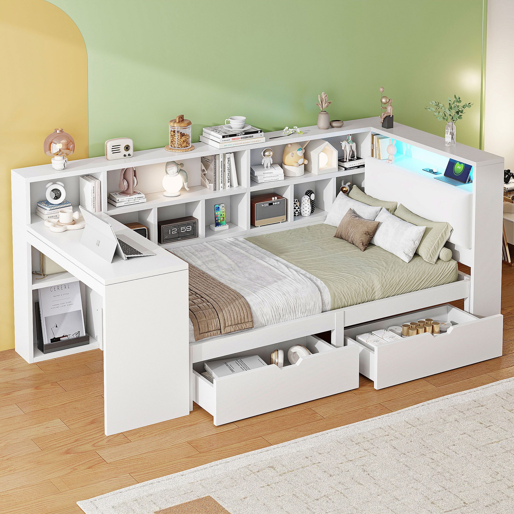 Ulife Kinderbett L-förmiges Holz-Plattformbett mit Schreibtisch günstig online kaufen