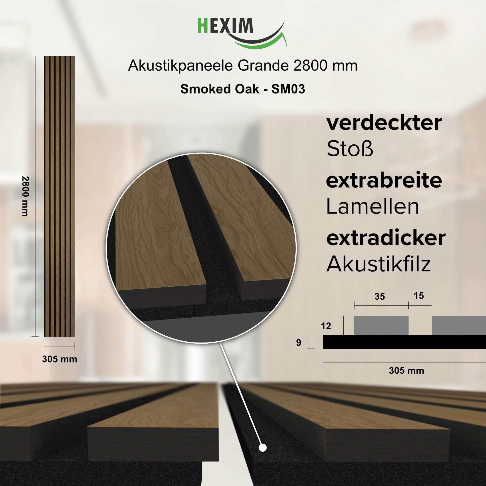 Hexim Wandpaneel, (Akustikpaneele 280x30cm Holz Grande - XXL Holzpaneele Pl günstig online kaufen