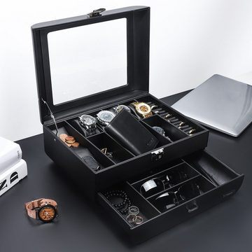 Yorbay Uhrenbox Uhrenbox für Herren, zwei Schichten, mit Glasdeckel, Schwarz (Uhren Aufbewahrungsbox, abschließbar Schmuckkästchen), Schmuckkasten für Uhren Schmuck Ringe Broschen Brille