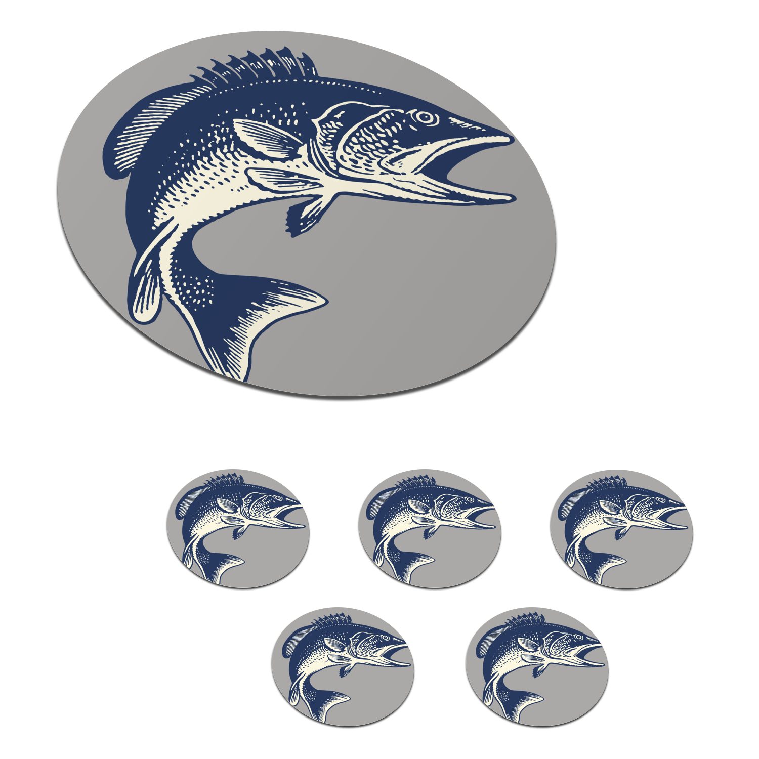MuchoWow Glasuntersetzer Illustration eines Fisches auf grauem Hintergrund, Zubehör für Gläser, 6-tlg., Getränkeuntersetzer, Tassenuntersetzer, Korkuntersetzer, Tasse, Becher