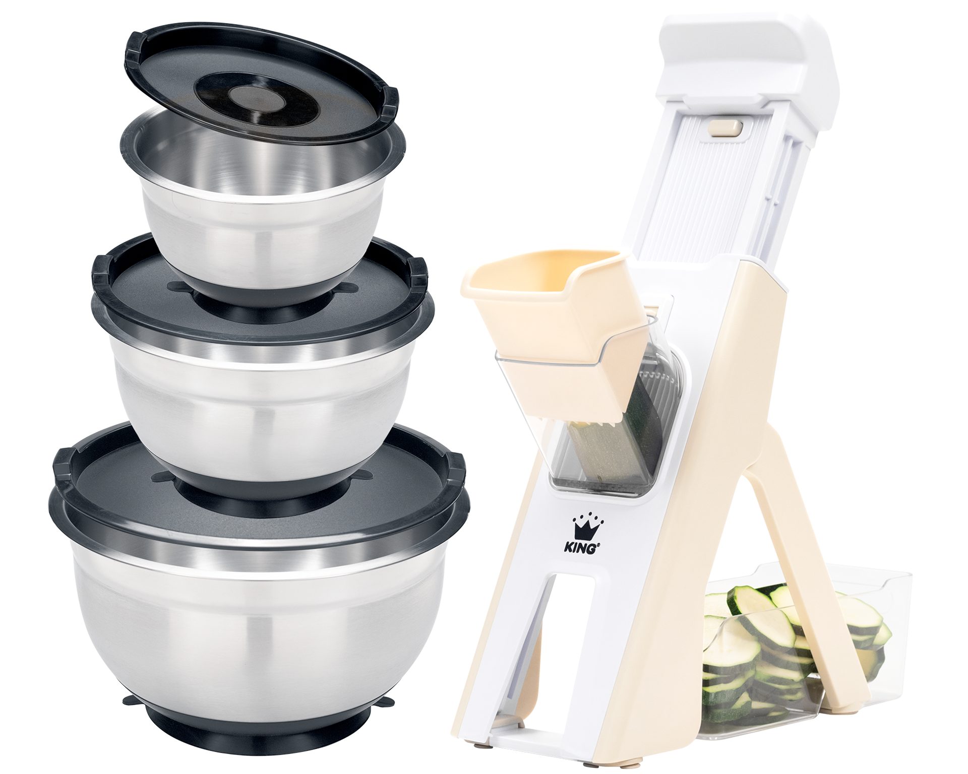 KING Küchenreibe Veggie-Turm-Reibe, Kunststoff, (Set, 7-St., 1 Reibe, 3 Rührschüsseln inkl. Deckel), Vertikale-Reibe inkl. Auffangbehälter, unterschiedliche Schnittmodi
