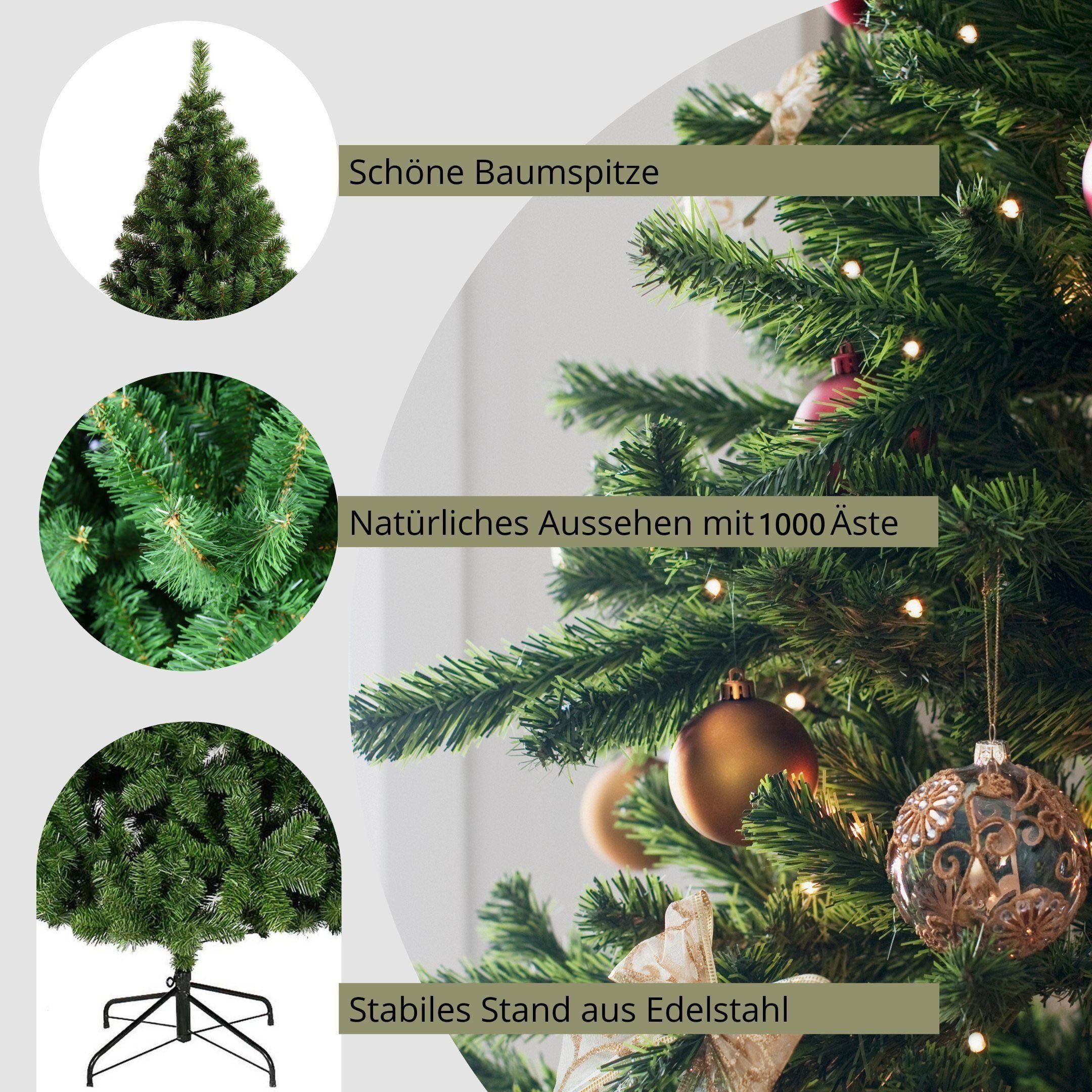 TAB Künstlicher Weihnachtsbaum Beleuchtung Tannenbaum 180cm/210cm, mit Christbaum, Warm-Weißen LED Lichtern cm 300 und LED mit PVC 1080 mit Spitzen, 180 Metallständer