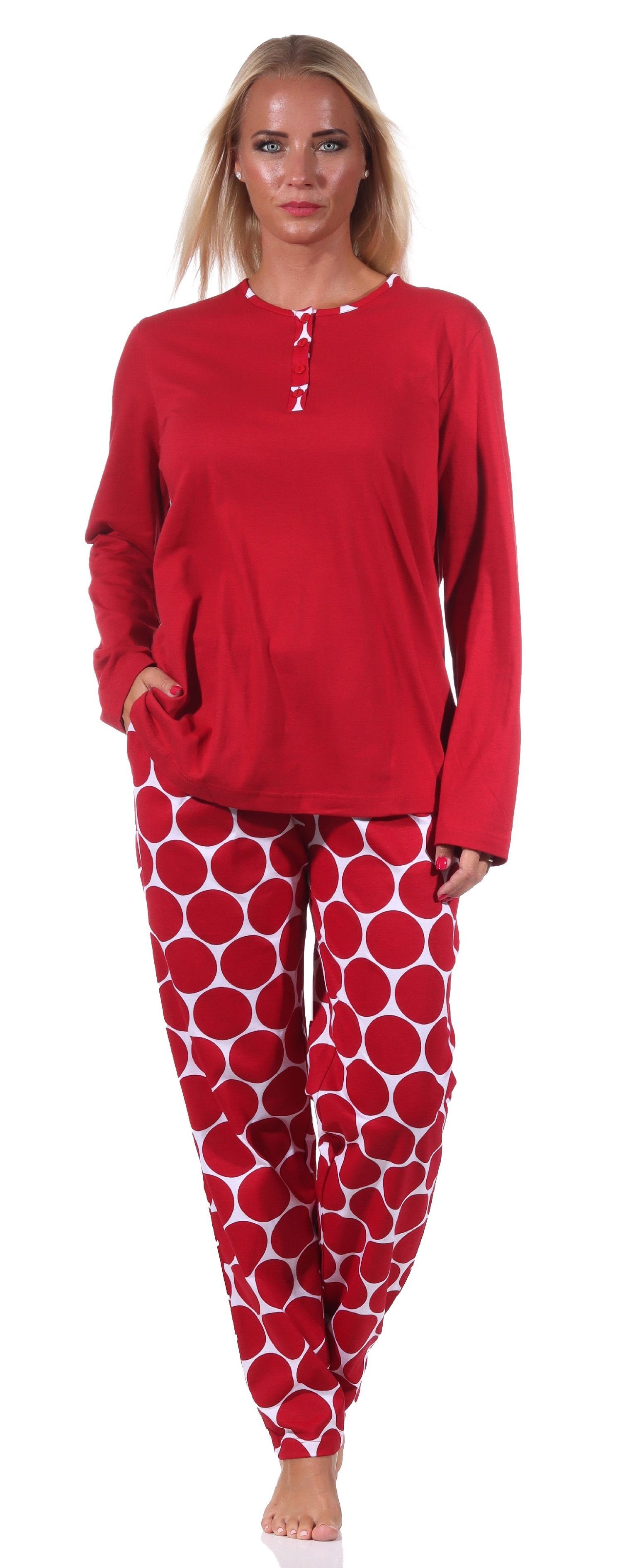 Normann Damen rot in Hose / Tupfen Pyjama langarm Optik Schlafanzug, Punkte Pyjama