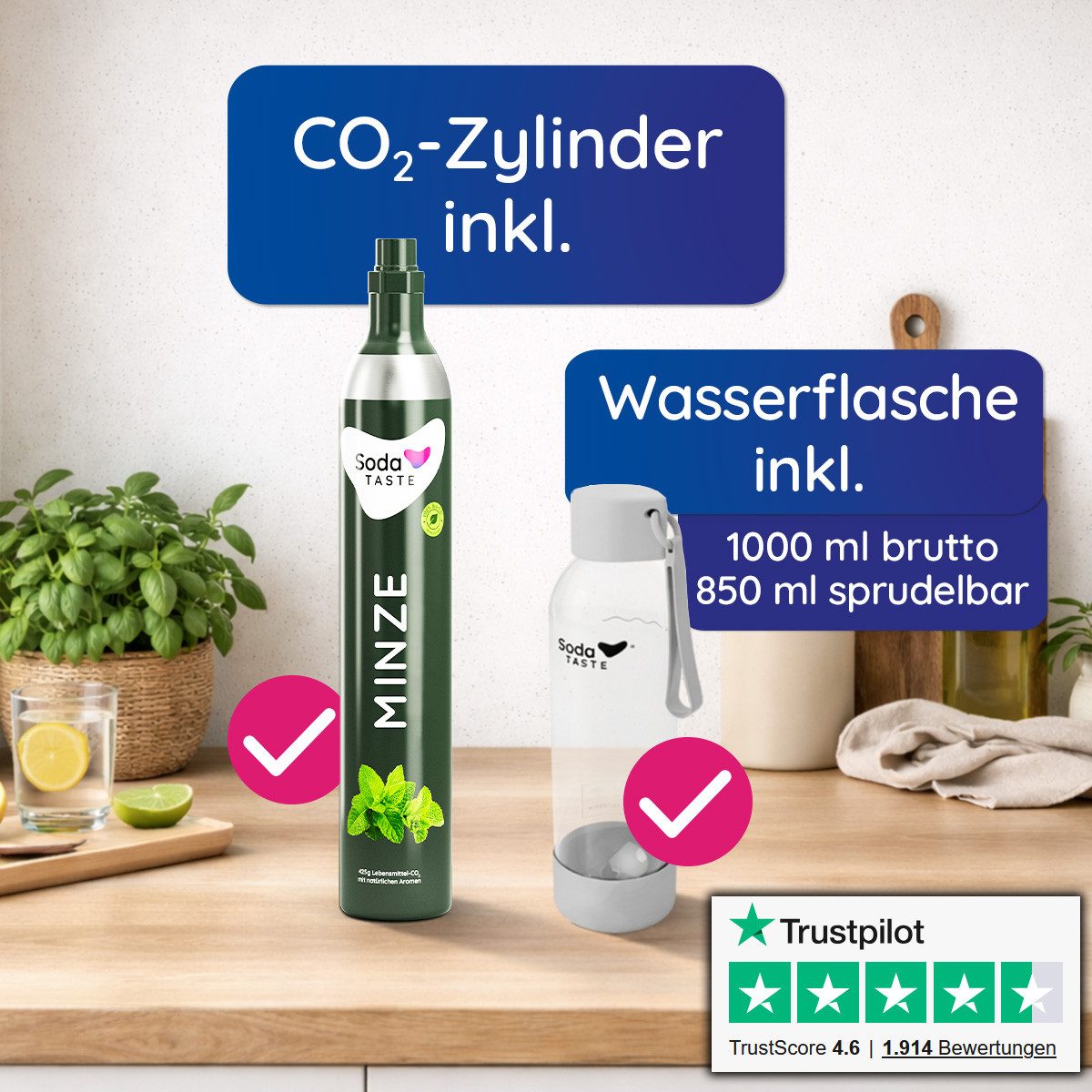 SodaTASTE Wassersprudler SodaTASTE UNO Wassersprudler Set inkl. Flasche & CO2-Zylinder, (Wassersprudler, CO₂-Zylinder, 1-Liter-Wasserflasche, Abtropfhalterung), – Bild 2 von 5