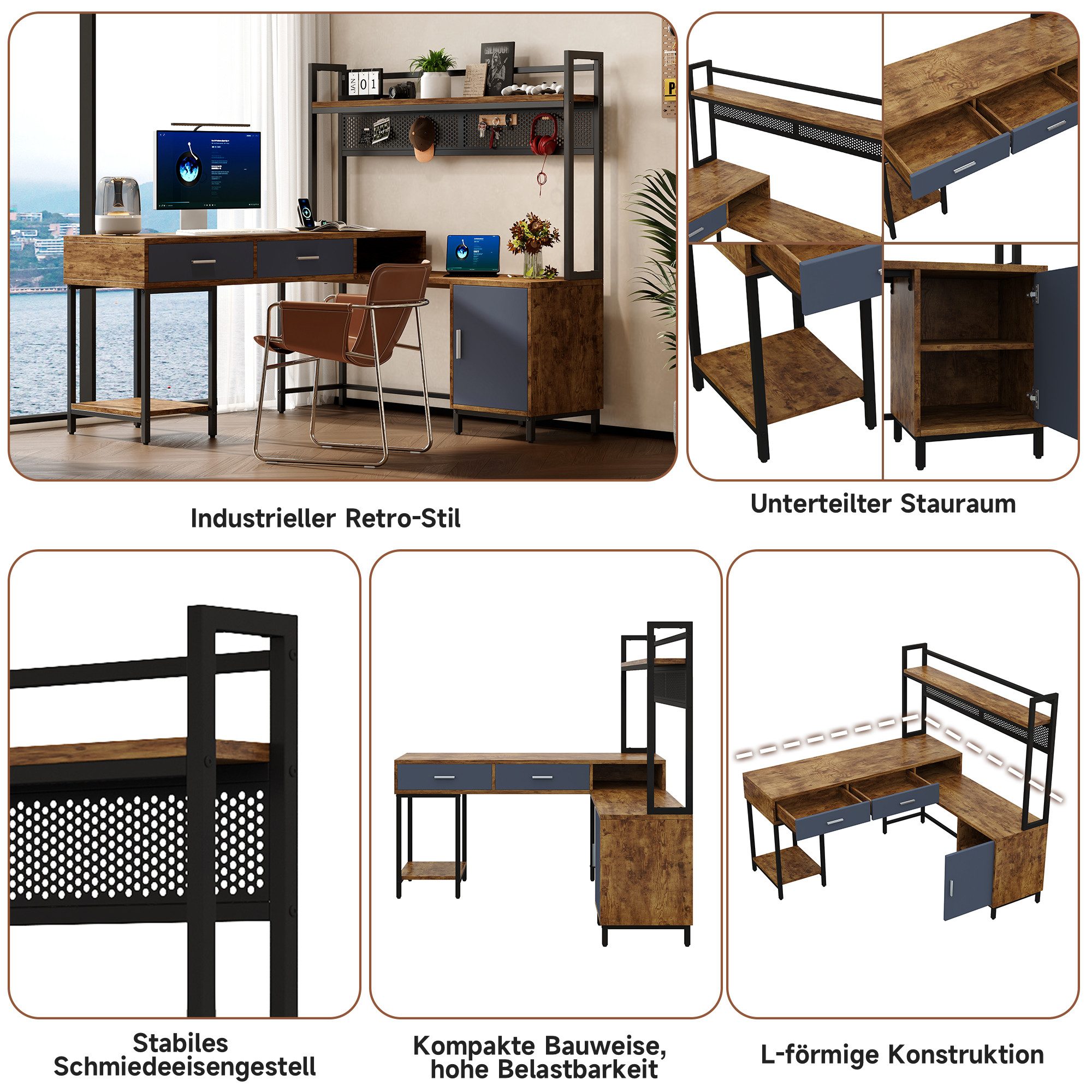Flieks Schreibtisch L-förmiger Gamingtisch im Industriestil, Stahl- und Holzkonstruktion (140x140x135 cm, rostfreies Metallgestell), Regal-Schreibtisch mit Lochwand und Schubladen Eck-Computertisch