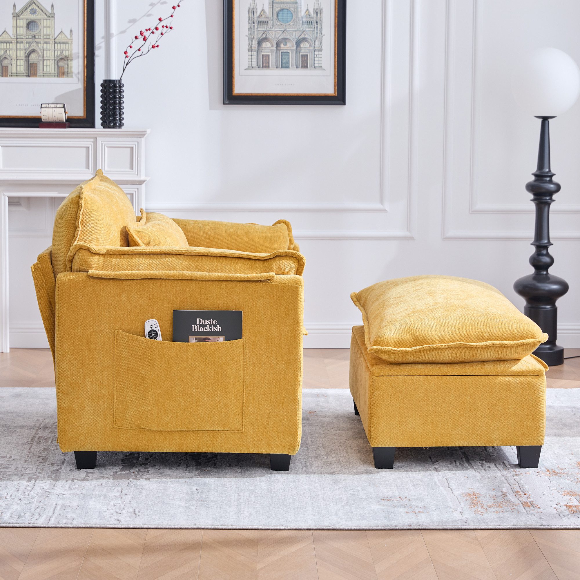 STILVORA Loungesessel Einzelsofa mit Hocker,Relaxsessel Liegestuhl mit Seitentaschen&Kissen (Samt-Sessel mit Fußhocker & Seitentaschen, Komfortabler Lesesessel mit verstecktem Stauraum), für Wohnzimmer & Schlafzimmer
