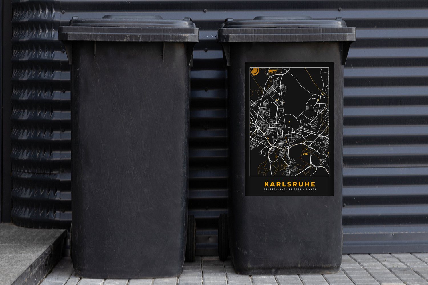 Deutschland MuchoWow Container, Sticker, Karte - St), Mülleimer-aufkleber, - (1 Wandsticker Gold Abfalbehälter - Mülltonne, Karlsruhe - Stadtplan