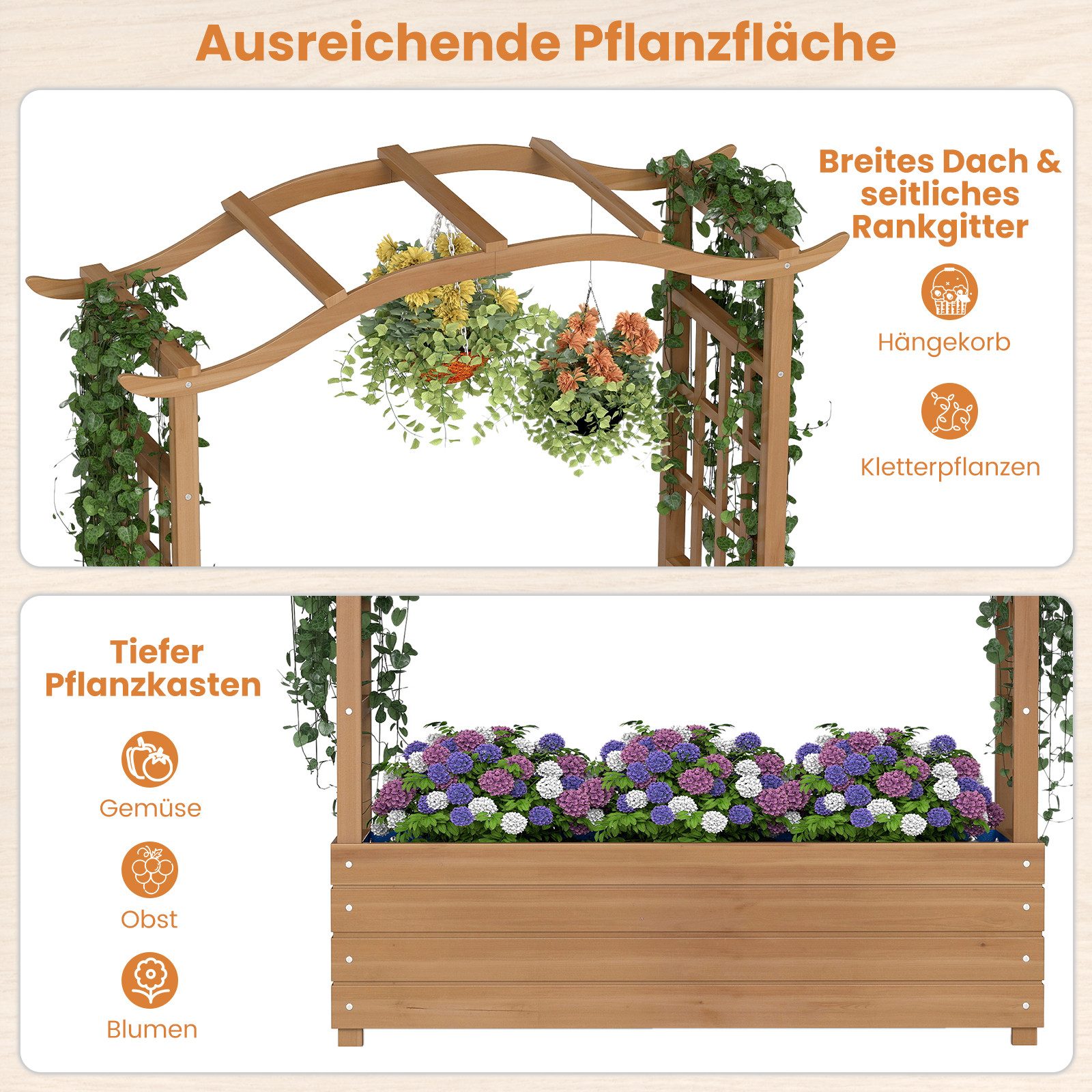 COSTWAY Hochbeet (1 St), Pflanzkasten mit Rankgitter & hängendem Dach, 110 x 40 x 124 cm