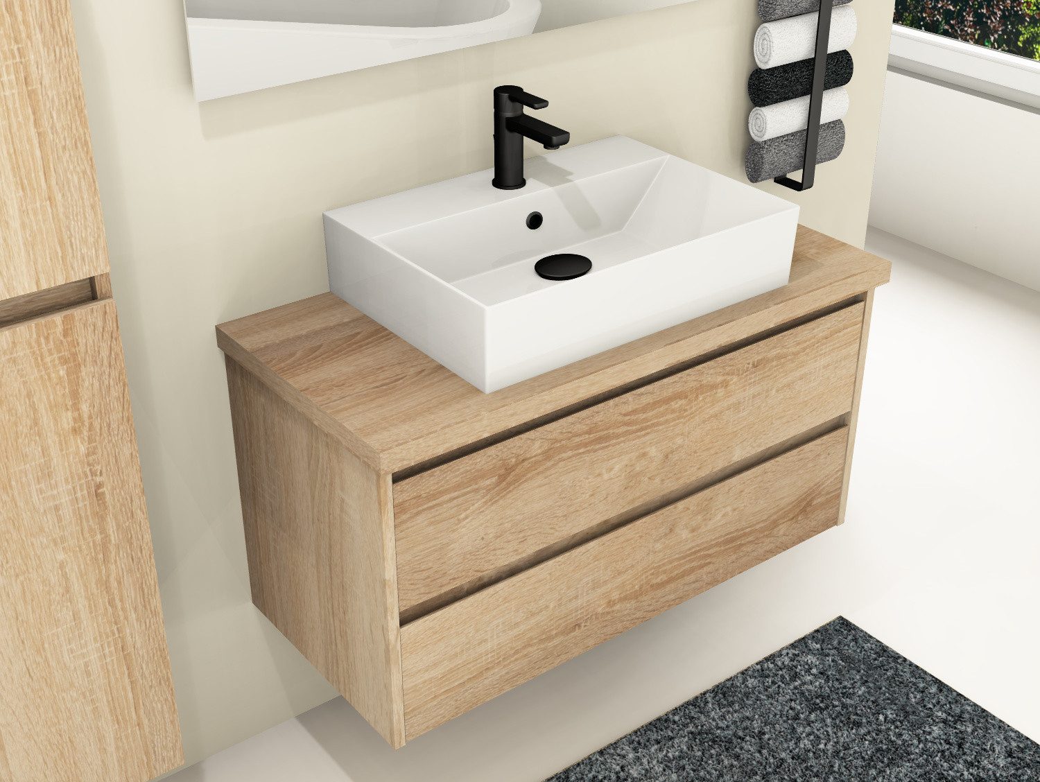 Aqua Bagno Badmöbel-Set Duo Waschplatz 100 cm Badmöbel MDF Eiche Gold 2 Soft-Close Schubladen, (vormontiert, 3-St., Badmöbelschrank melaminbeschichtet, Trägerplatte, Keramikwaschbecken), einfache Montage, Badschrank