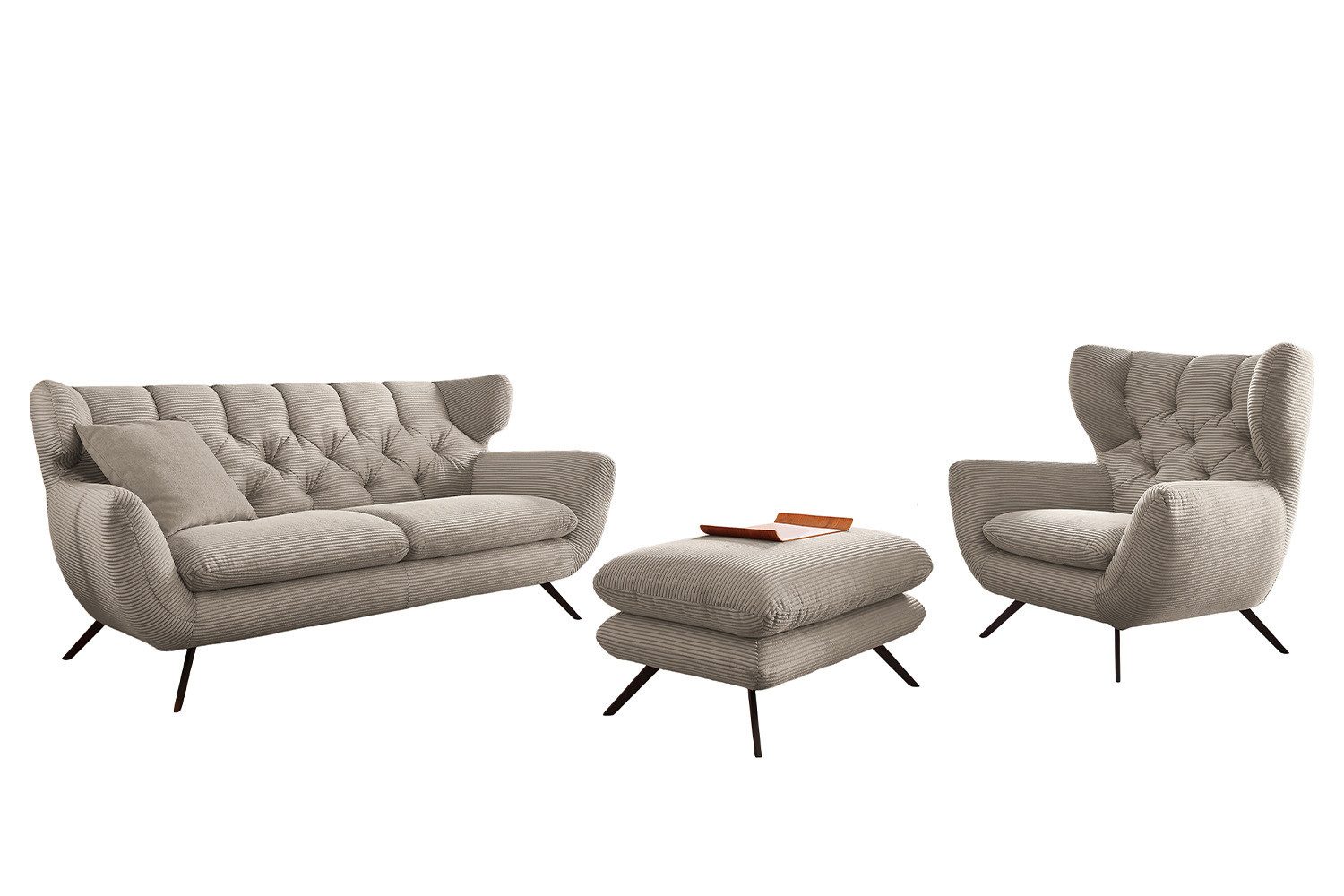 KAWOLA Sitzgruppe CHARME, (Set, 3-tlg), Sofa Sessel Hockerbank Cord verschiedene Farben
