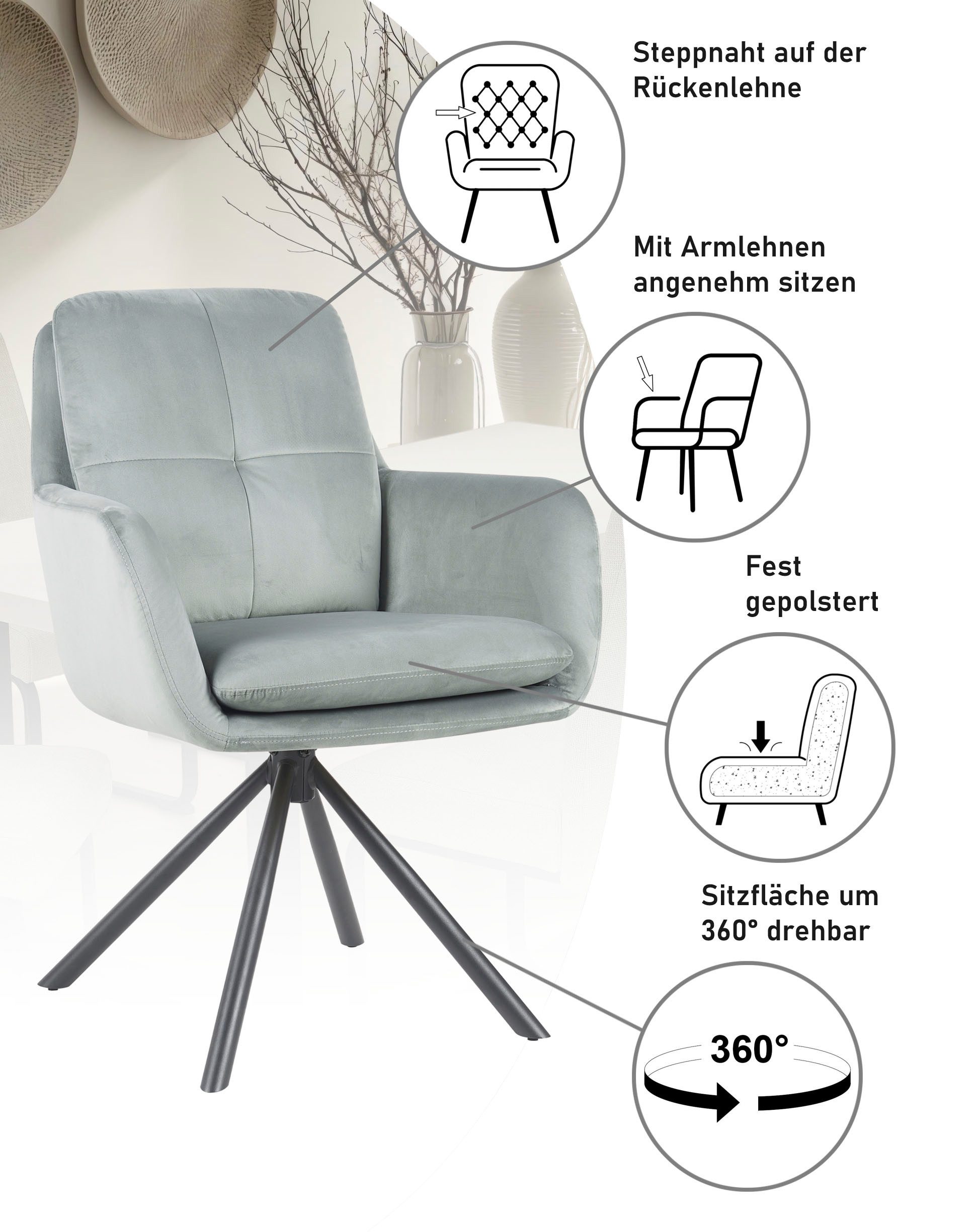 HELA Armlehnstuhl PARMA (Set, 2 St), 2er Pack, 360° drehbar, 4-Fuß, Kissenoptik, Samtvelour, Armlehnen