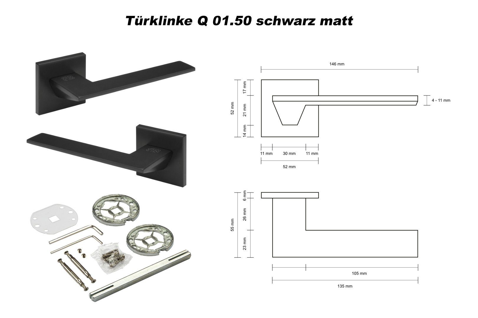 Farben (Türklinke matt, / Q01.50 Drückergarnitur Q01) Türklinke Bad 4 Türgriffe WC Aluminium Hexim Türdrückergarnitur Zimmertüren in Zimmer matt schwarz -