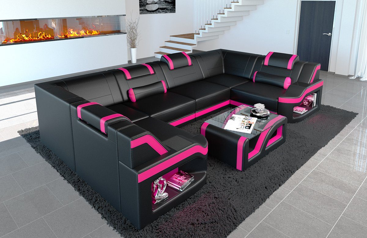 Sofa Dreams Wohnlandschaft Ledercouch Sofa Leder Padua U Form Ledersofa, Couch, mit LED, wahlweise mit Bettfunktion als Schlafsofa, Designersofa