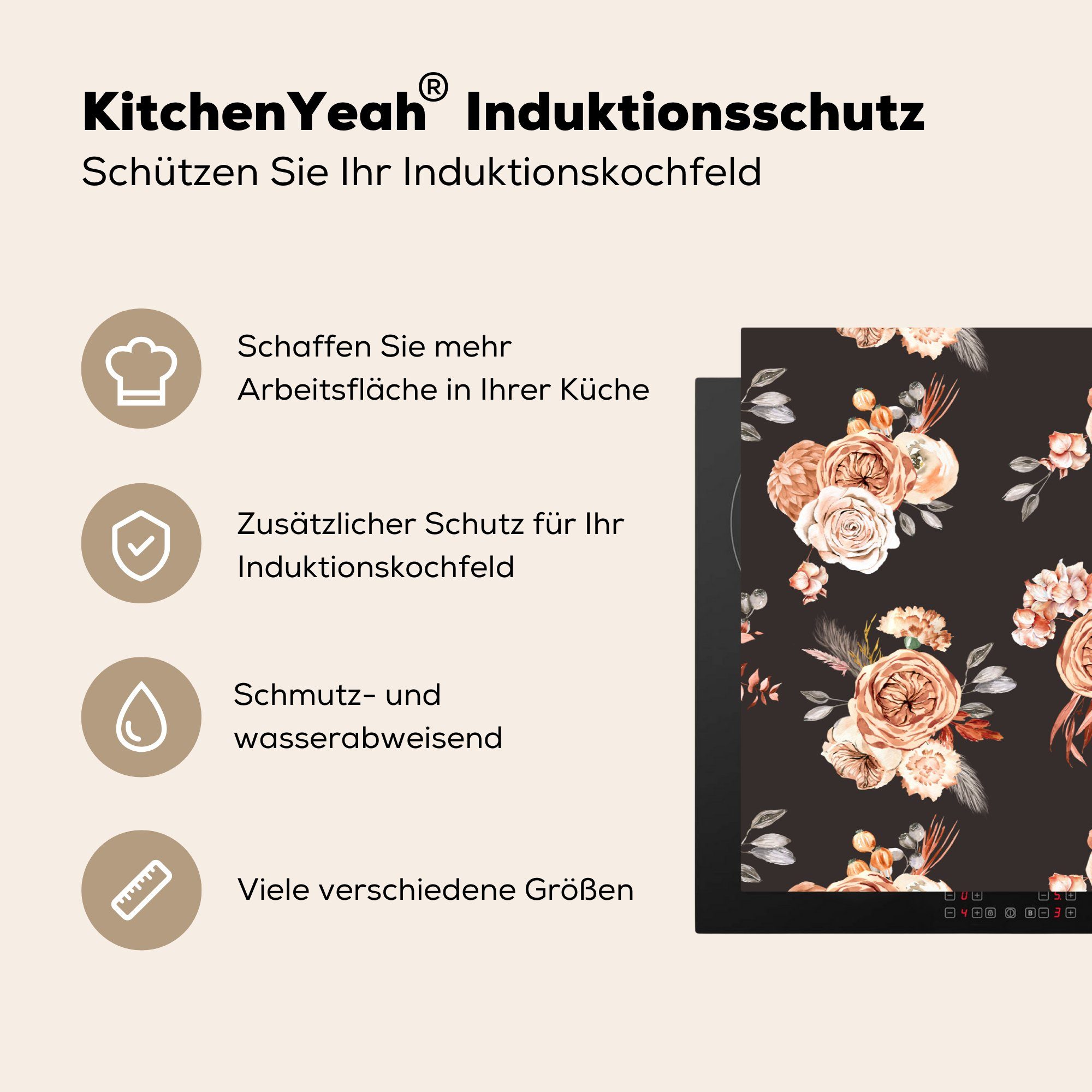 für - MuchoWow Blumen küche, Herdblende-/Abdeckplatte Muster, Ceranfeldabdeckung Schwarz - Induktionskochfeld Vinyl, 81x52 Schutz cm, die (1 tlg),