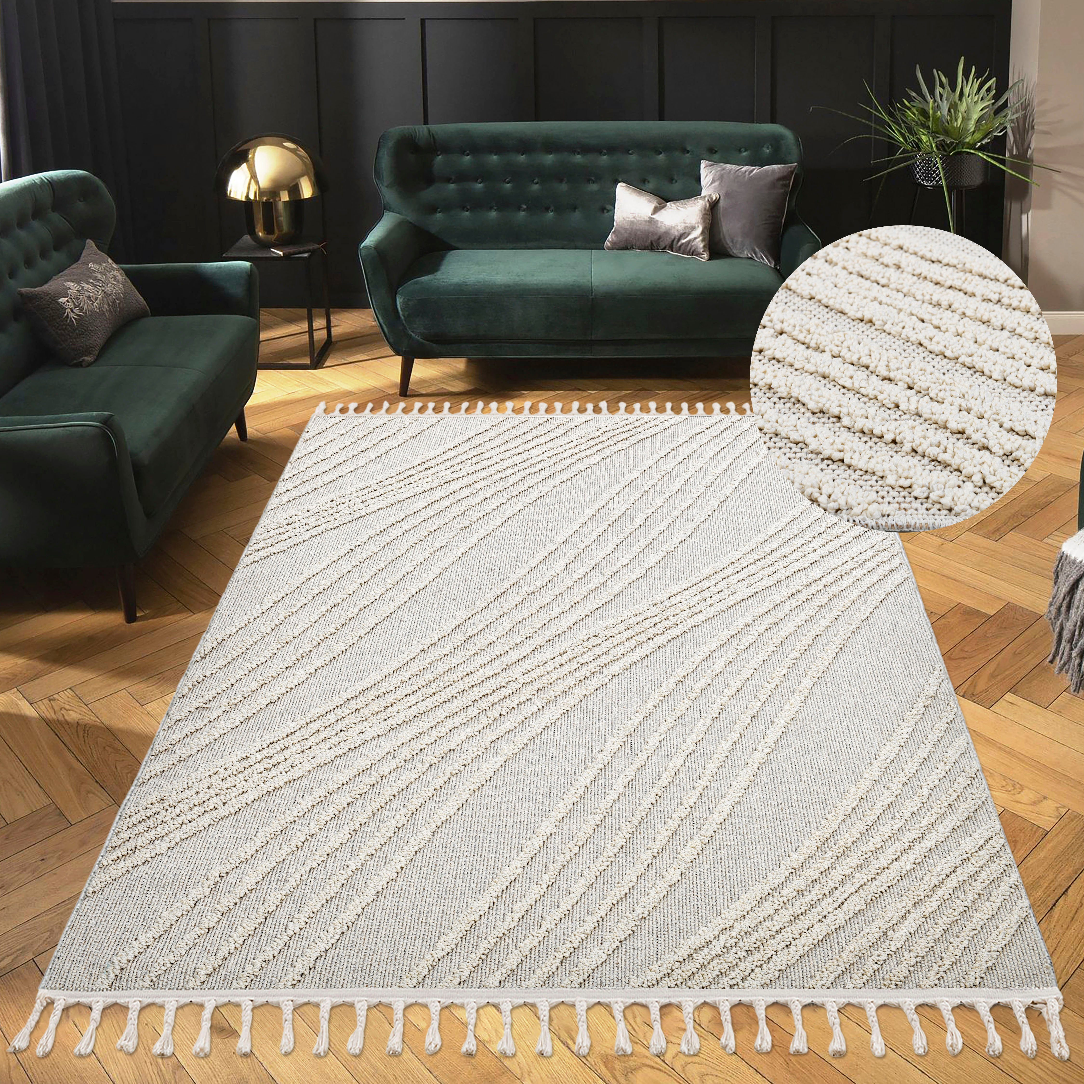 Teppich Friesach, Home affaire, rechteckig, Höhe: 18 mm, Hoch-Tief-Struktur, Woll-Look, Boho, mit Fransen, Wellen-Design natur