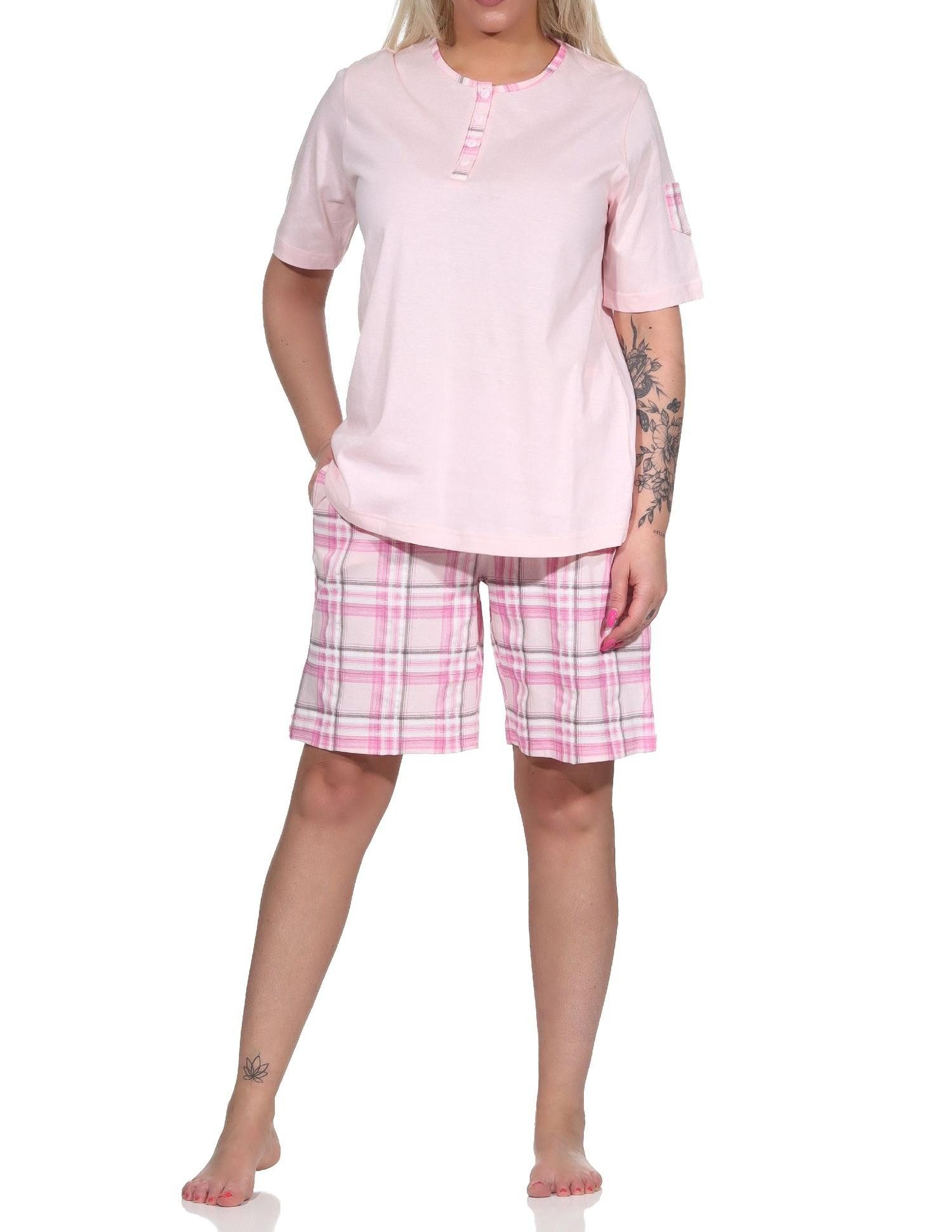 Pyjama Damen kurzarm Schlafanzug Shorty mit karierter Hose aus Jersey