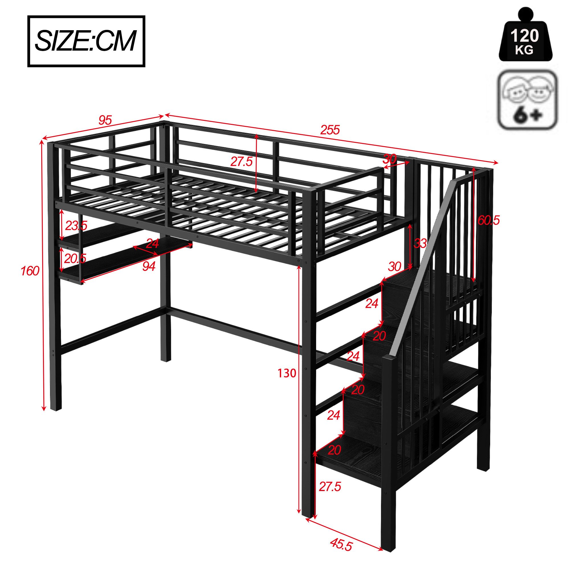 Ulife Hochbett Kinderbett Jugendbett, Einlegeböden, Stauraumleiter, 90x200c günstig online kaufen