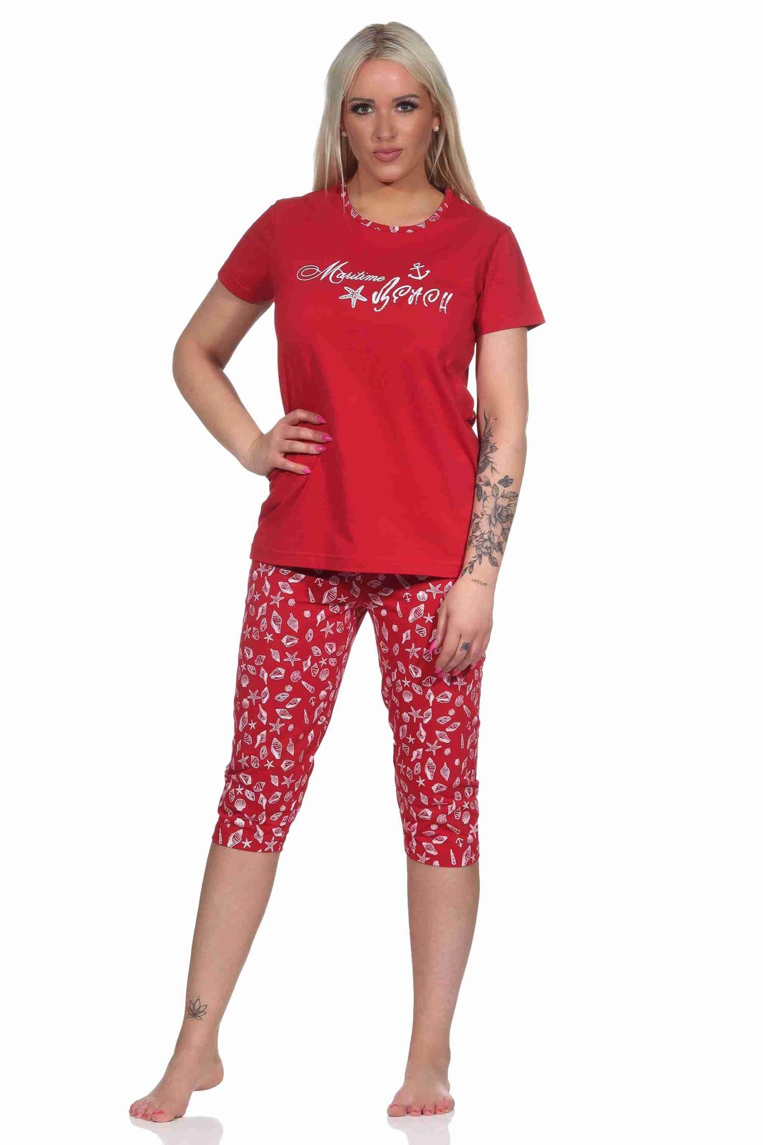 Damen Normann Look Pyjama by Capri Pyjama kurzarm Schlafanzug RELAX im maritimen rot