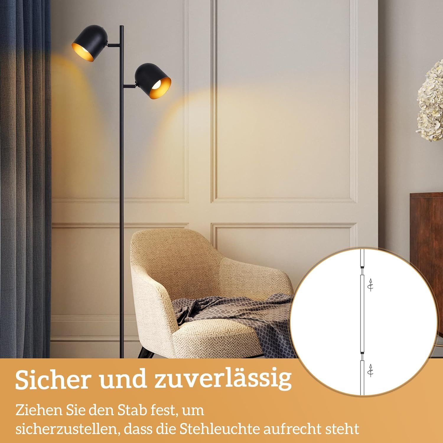 Nettlife Stehlampe Schwarz 2-Flammig 145cm E14 Stehleuchte Vintage Metall Industrial, Schwenkbar 350°, ohne Leuchtmittel, Fußschalter Leselampe Retro für Schlaf – Bild 5 von 5