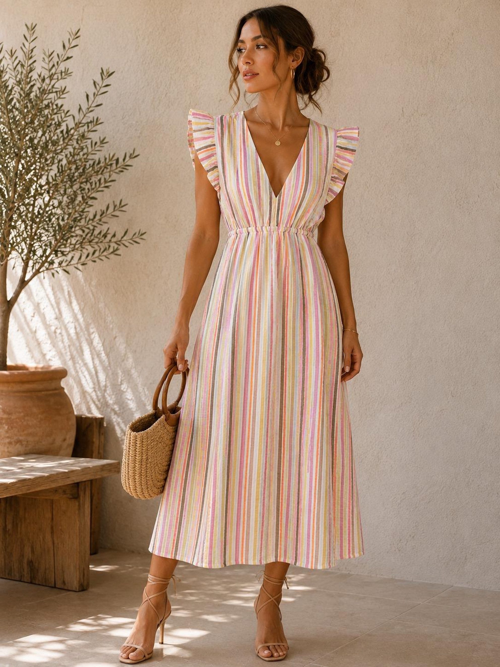 Worldclassca Sommerkleid Worldclassca Musselin Sommerkleid Streifen Lang Gestreift Strand Dress Neue Kollektion - Stilvolle und gemütliche Sommer Mode für Damen