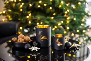 EDZARD Windlicht Sammy, Kerzenglas-Set für Teelichter mit Hirsch-Motiv in Gold-Optik, Kerzenhalter für Teelicht und Maxi-Teelicht, Höhe 8 cm, Ø 7 cm
