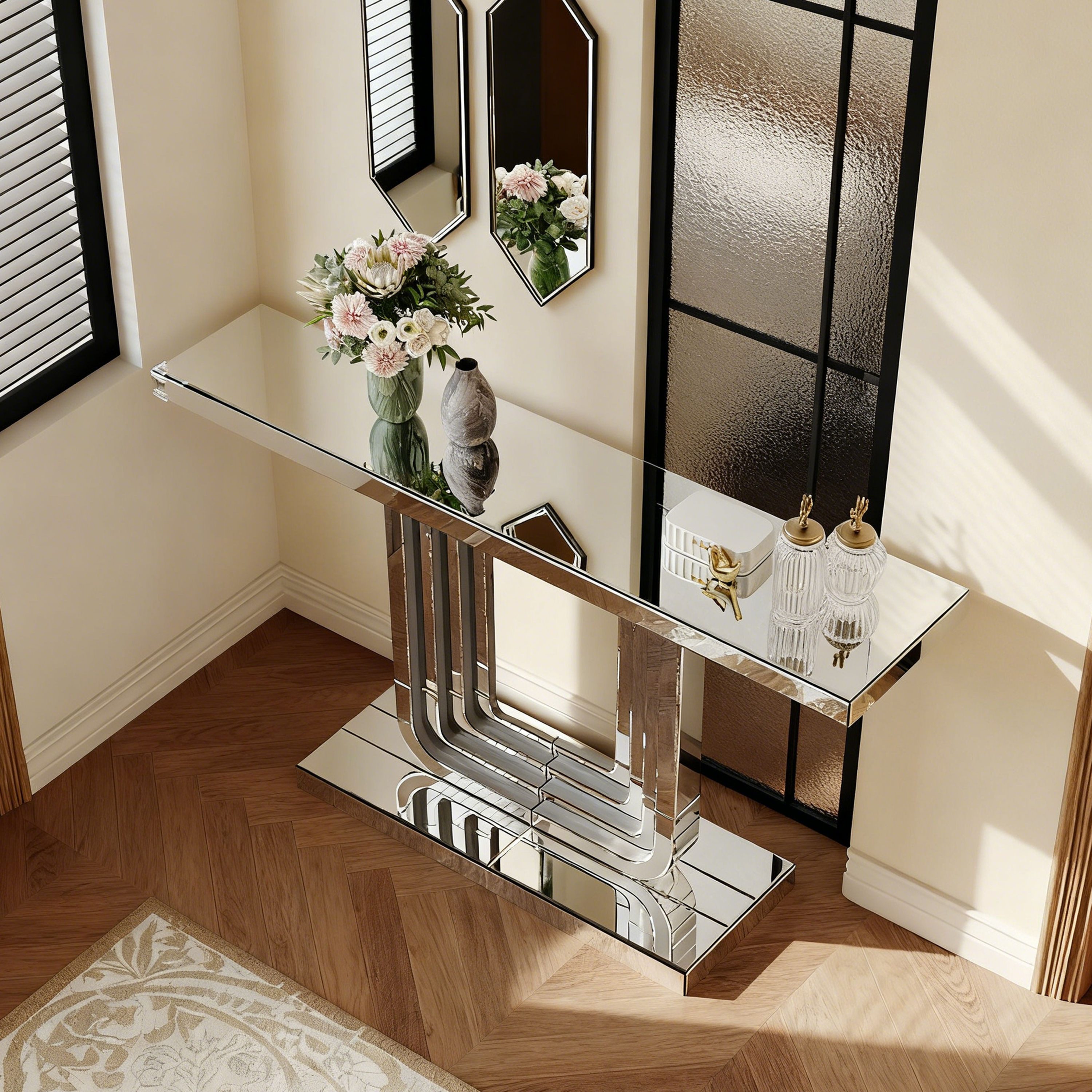 Celya Beistelltisch Eleganter Konsolentisch mit Silber-Optik & Stabiler U-Form-Basis (für Raumaufhellung, Kratzfest & Leicht zu Reinigen, Luxus Wohnzimmer Tisch), 120CM Moderner Spiegeltisch