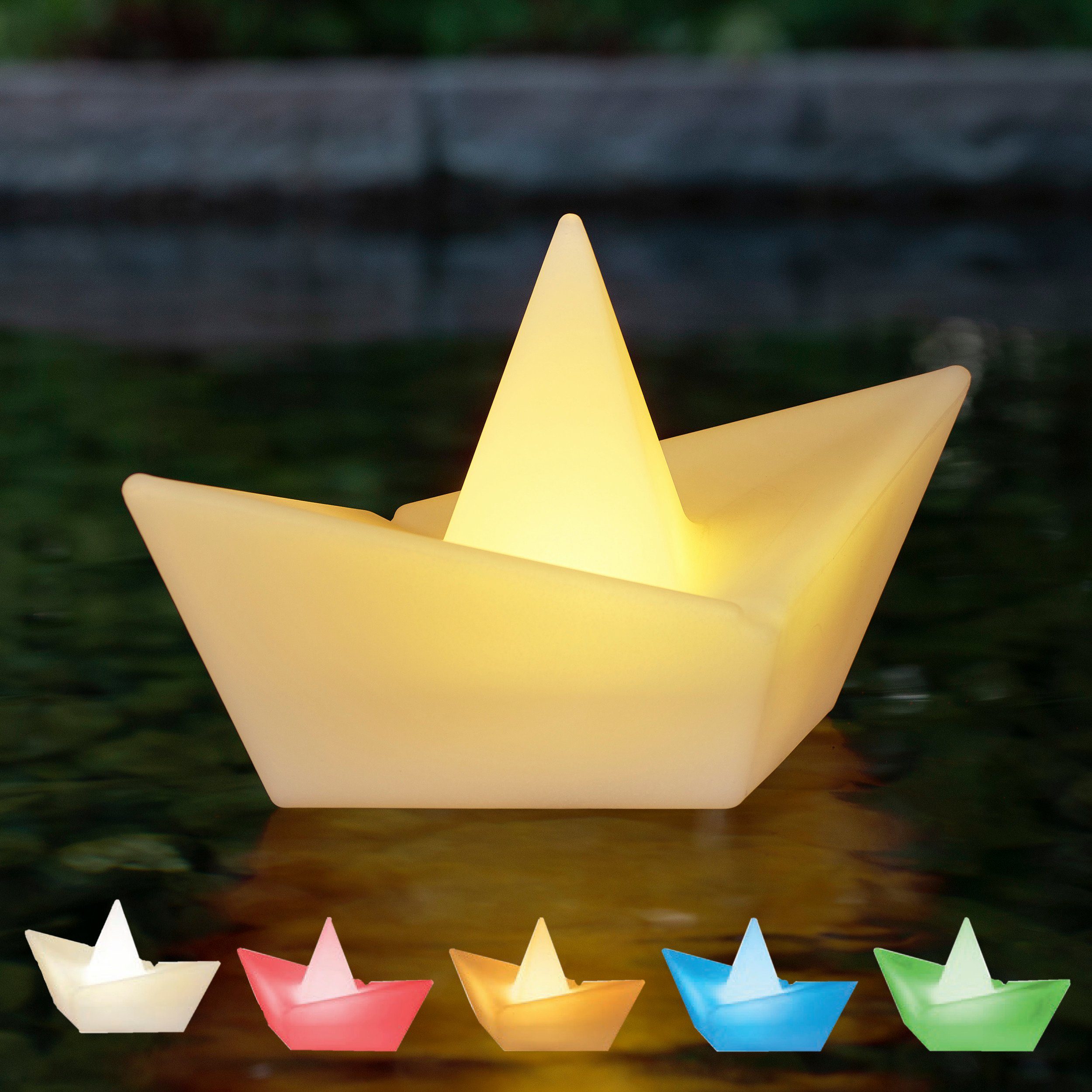 IC Gardenstyle LED Solarleuchte LED Solar Schwimmleuchte Schiffchen im Origami-Stil, LED fest integriert, RGBW (warm-weiß und bunt mit automatischen Farbwechsel), RGBW (warm-weiß und bunt), schwimmfähig, Dämmerungssensor, IP65, inkl. Erdspieß