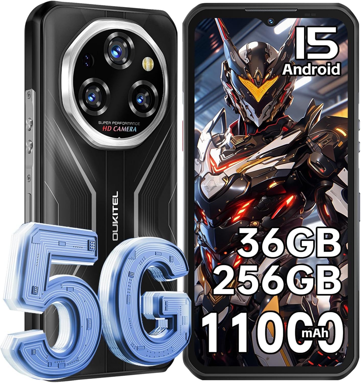 OUKITEL WP55 36+256GB 5G Outdoor Smartphone (16,76 cm/6.6 Zoll, 256 GB Speicherplatz, 108 MP Kamera, 5G, Android 15, 6.6" FHD 120Hz, NFC, OTG, IP68 Wasserdicht)