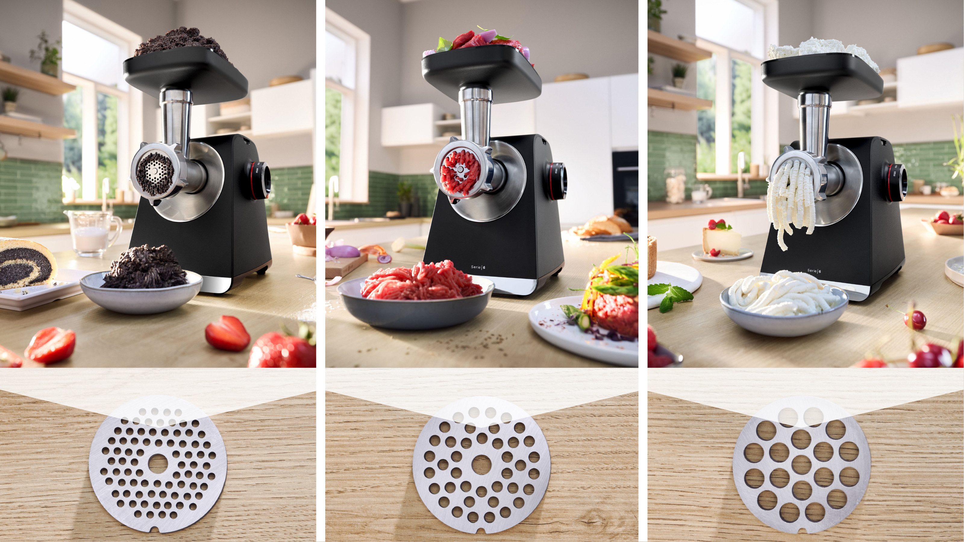 BOSCH Fleischwolf Serie 6 MFWS682B, 3,5kg/Min., Zitruspresse, Raspel, Wurststopfer, 500 W, 2 Lochscheiben (3&8mm), 10 J Motorgarantie, Planetengetriebe, schwarz