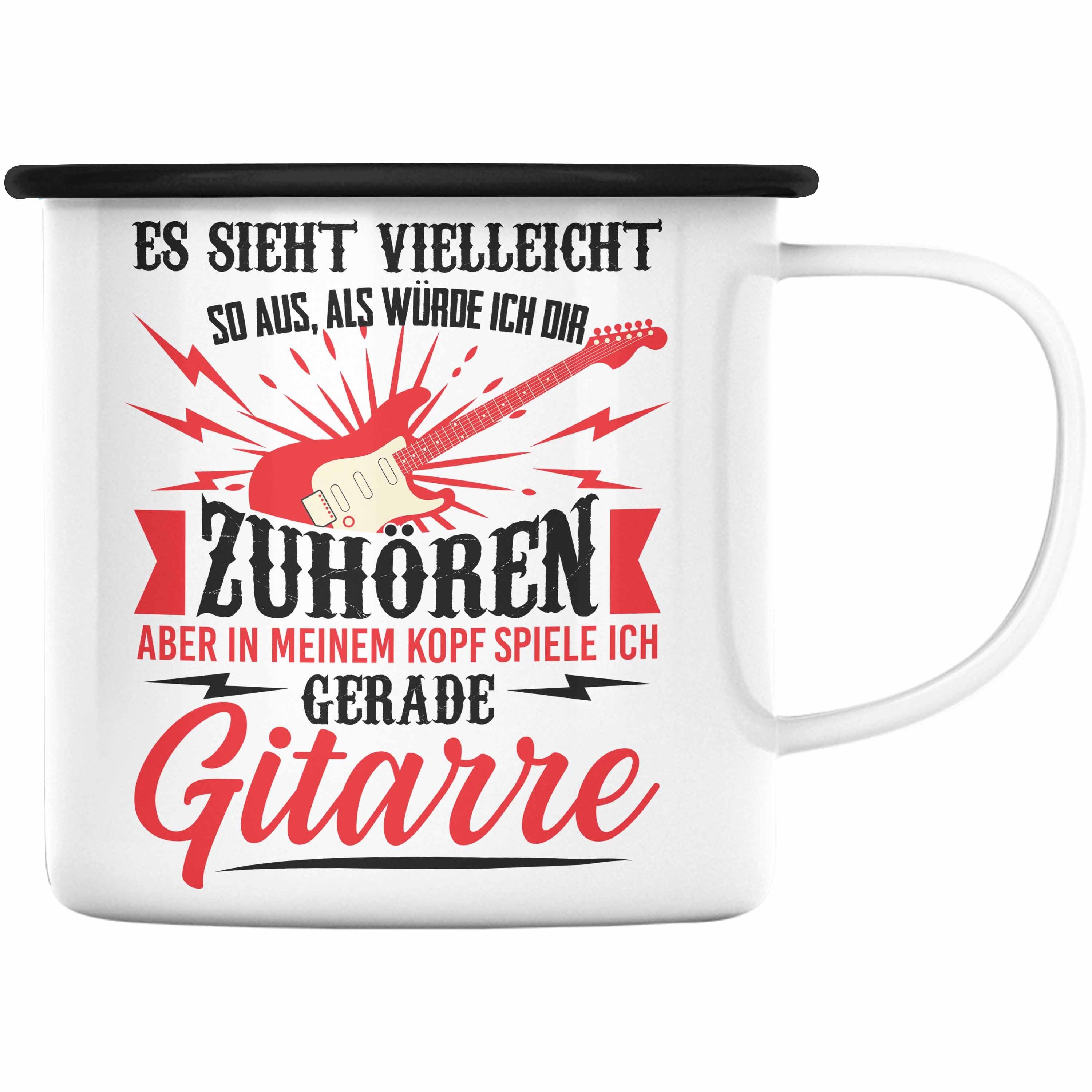 Trendation Thermotasse Trendation - Gitarrist Geschenk Gitarre Emaille Tasse mit Spruch - KaffeeEmaille Tasse für Gitarrenspieler Geschenkidee Schwarz