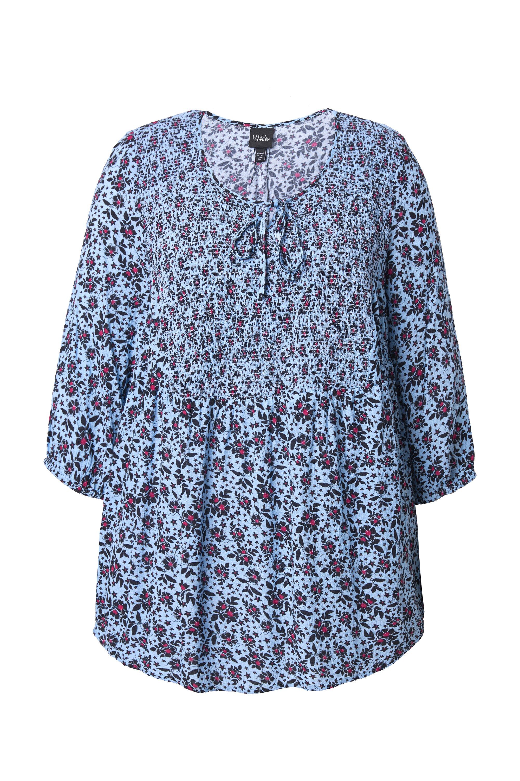 Ulla Popken Longbluse Smokbluse gemustert Rundhals 3/4-Arm Krepp