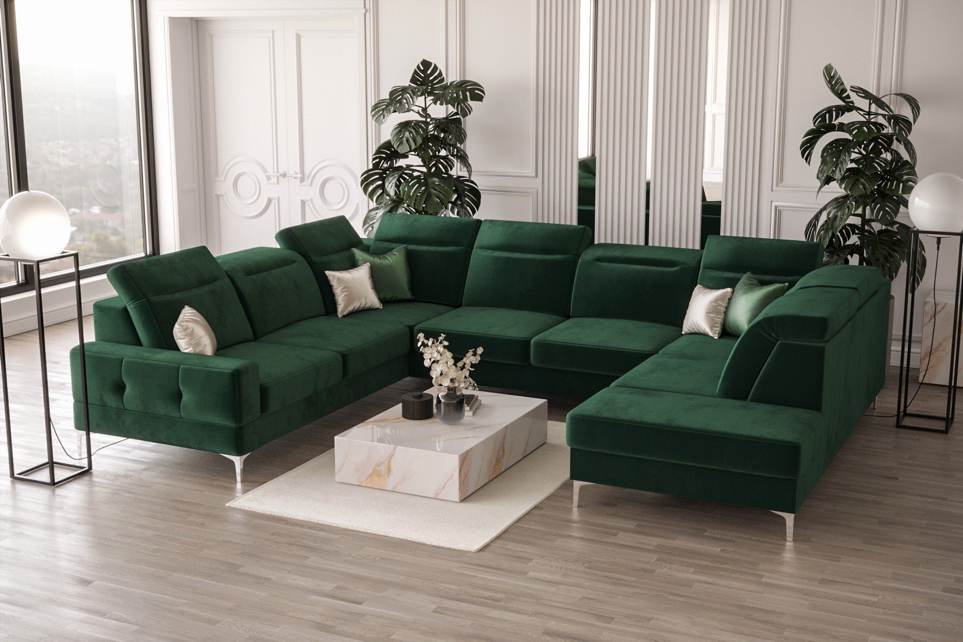 Möbel für Dich Wohnlandschaft XXL Malibu Max1 in U-Form, Schlaffunktion, 2 Bettkästen, verstellbare Kopfstützen Veloursstoff Element 20 grün