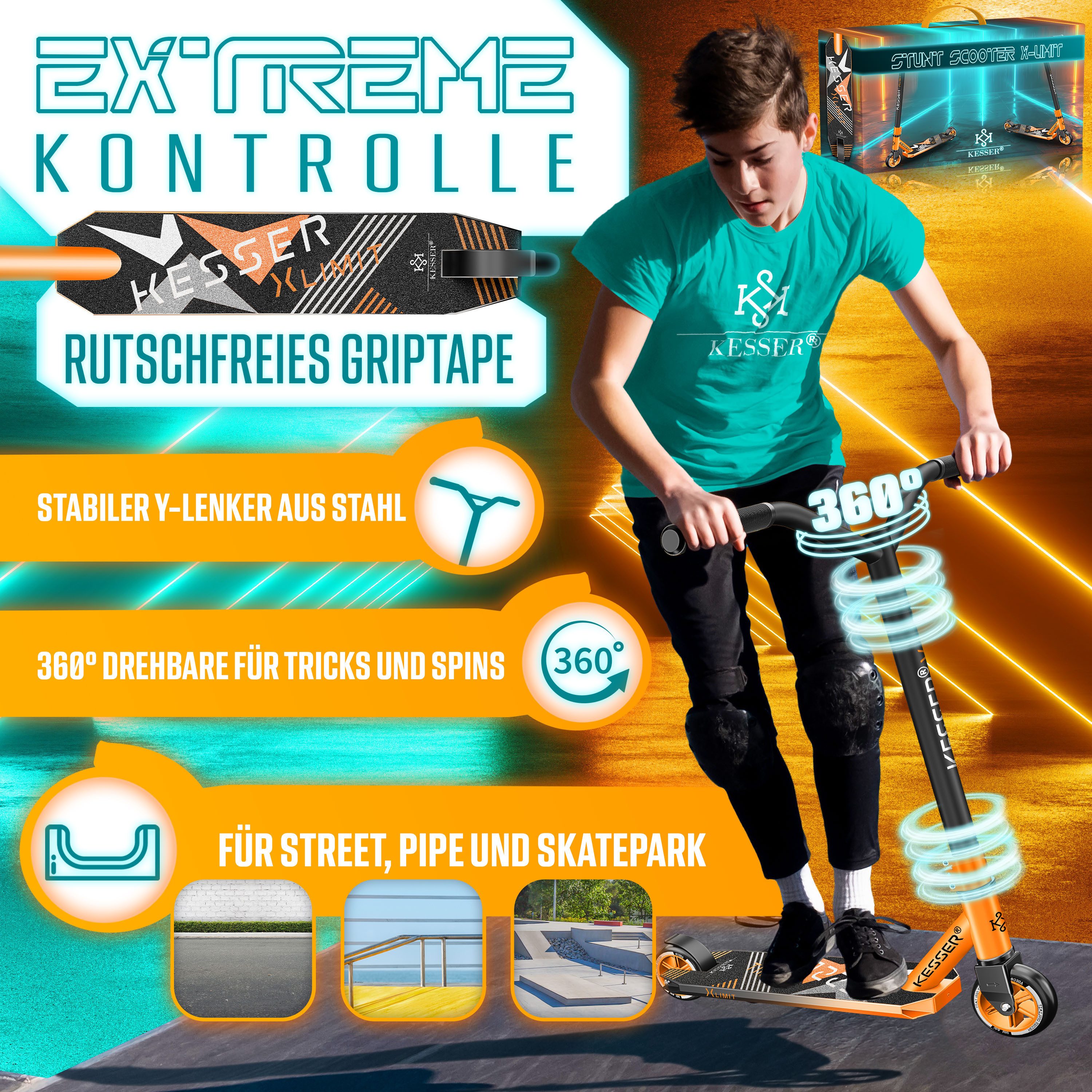KESSER Stuntscooter X-Limit 360° Lenkung, ABEC9 Kugellagern, 100 mm PU Räder, Freestyle Kickscooter Funscooter für Kinder & Erwachsene
