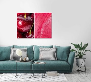 Sinus Art Leinwandbild 2 Bilder je 60x90cm Kirschen Frisch Fruchtig Blüte Rosa Rot Makrofotografie