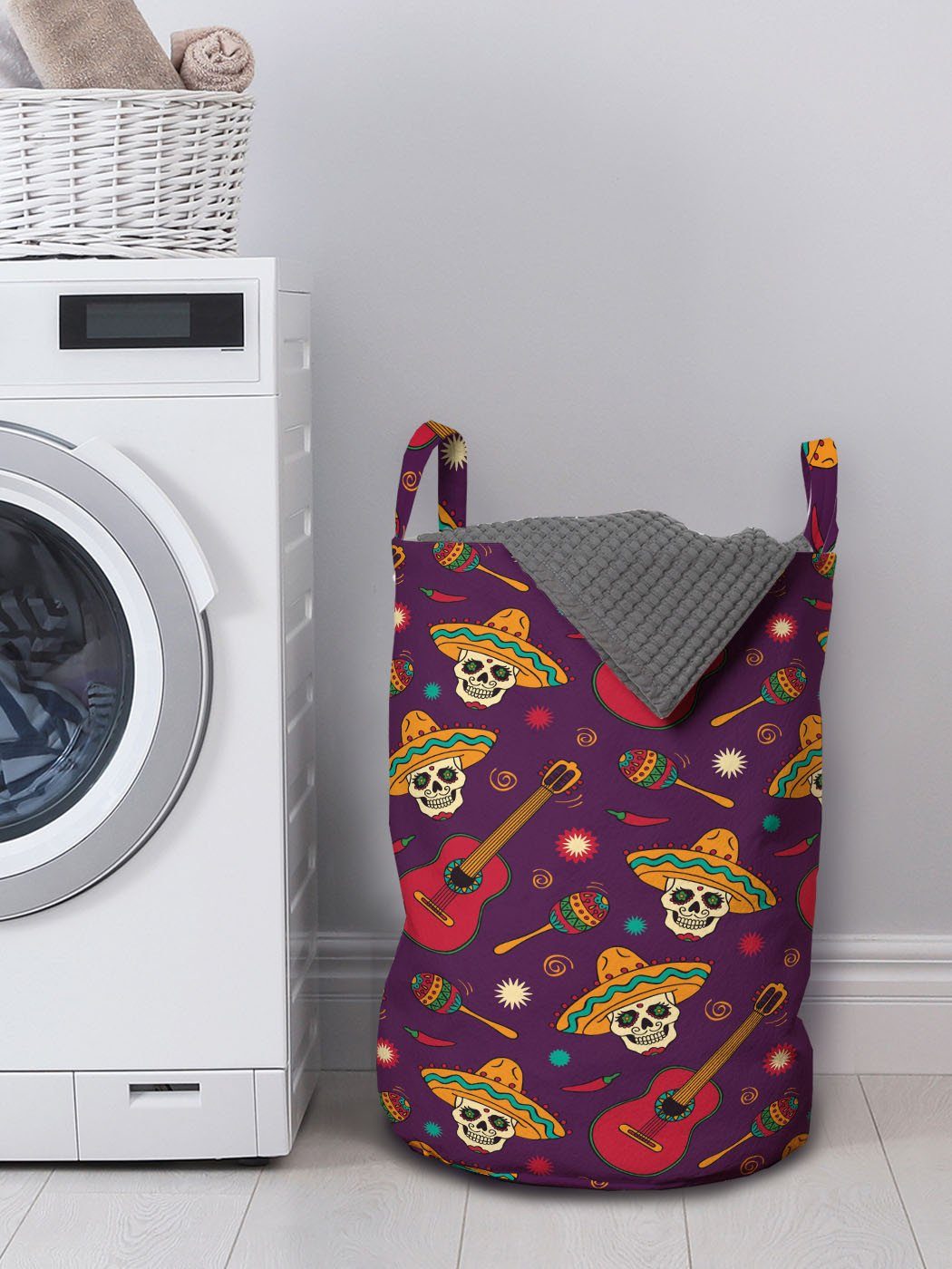 Abakuhaus Wäschesäckchen Wäschekorb Pattern für Waschsalons, Mexican Griffen mit Kordelzugverschluss Skelett