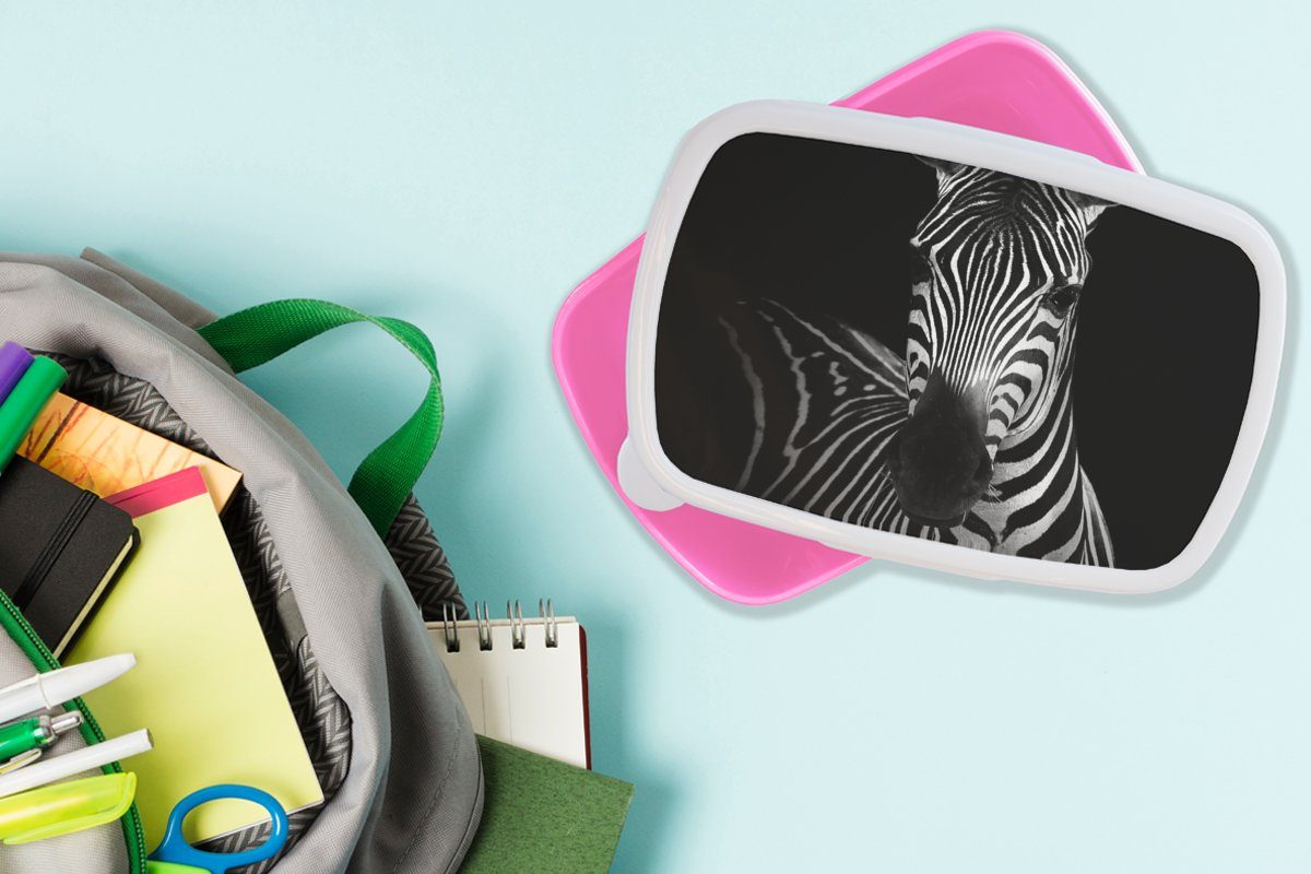 Zebra Kunststoff, (2-tlg), Schwarz Lunchbox - Tiere, MuchoWow Snackbox, - - Brotdose Kunststoff Brotbox Weiß rosa Kinder, für Mädchen, Erwachsene,
