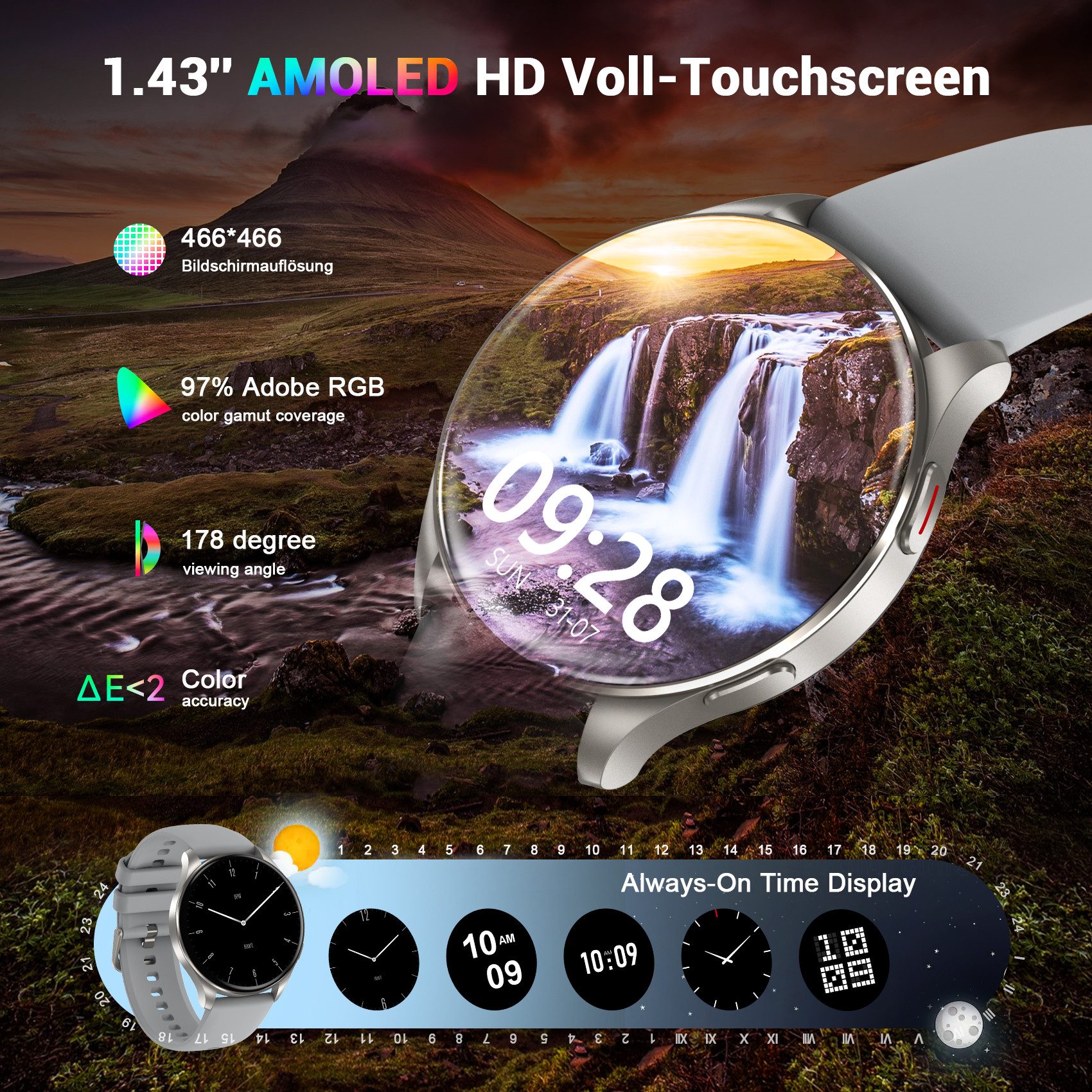 IOWODO Smartwatch Damen Herren Ultradünn, 5 Tage Akku,1,43" AMOLED, 2 Armband Smartwatch (1.43 Zoll, Android/IOS), 1-tlg., mit 120+ Sportmodi und Bluetooth-Anruf, WhatsApp Benachrichtigungen, SpO2,Herzfrequenz-und Schlafüberwachung,Schritten,Sprachassistent,IP68