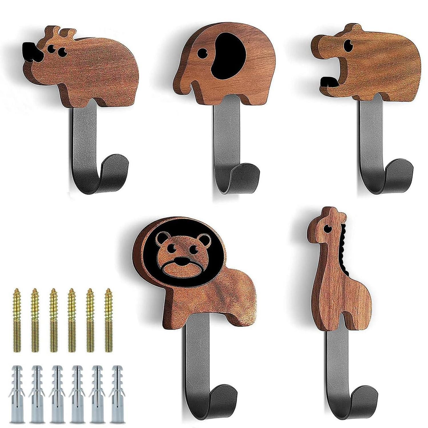 LuxusKollektion Wandhaken Garderobenhaken Kinder Holz 5er Set Tierformen, (5-St)