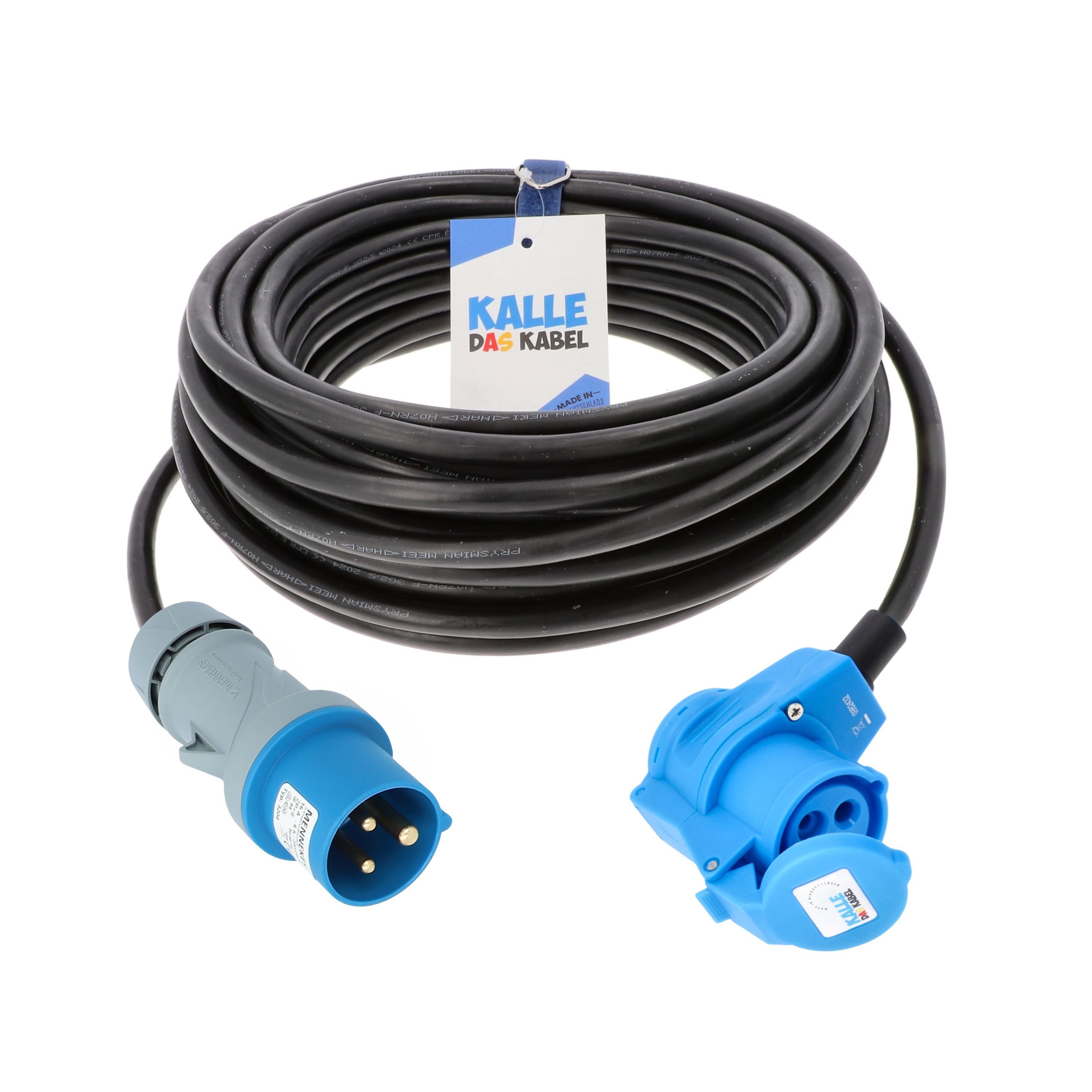 KALLE DAS KABEL Kalle Verlängerungskabel CEE 230V 16A 1,5 mm² Winkel IP44 5 Meter Verlängerungskabel, CEE Stecker, CEE Winkelkupplung mit Schuko Steckdose (500 cm)