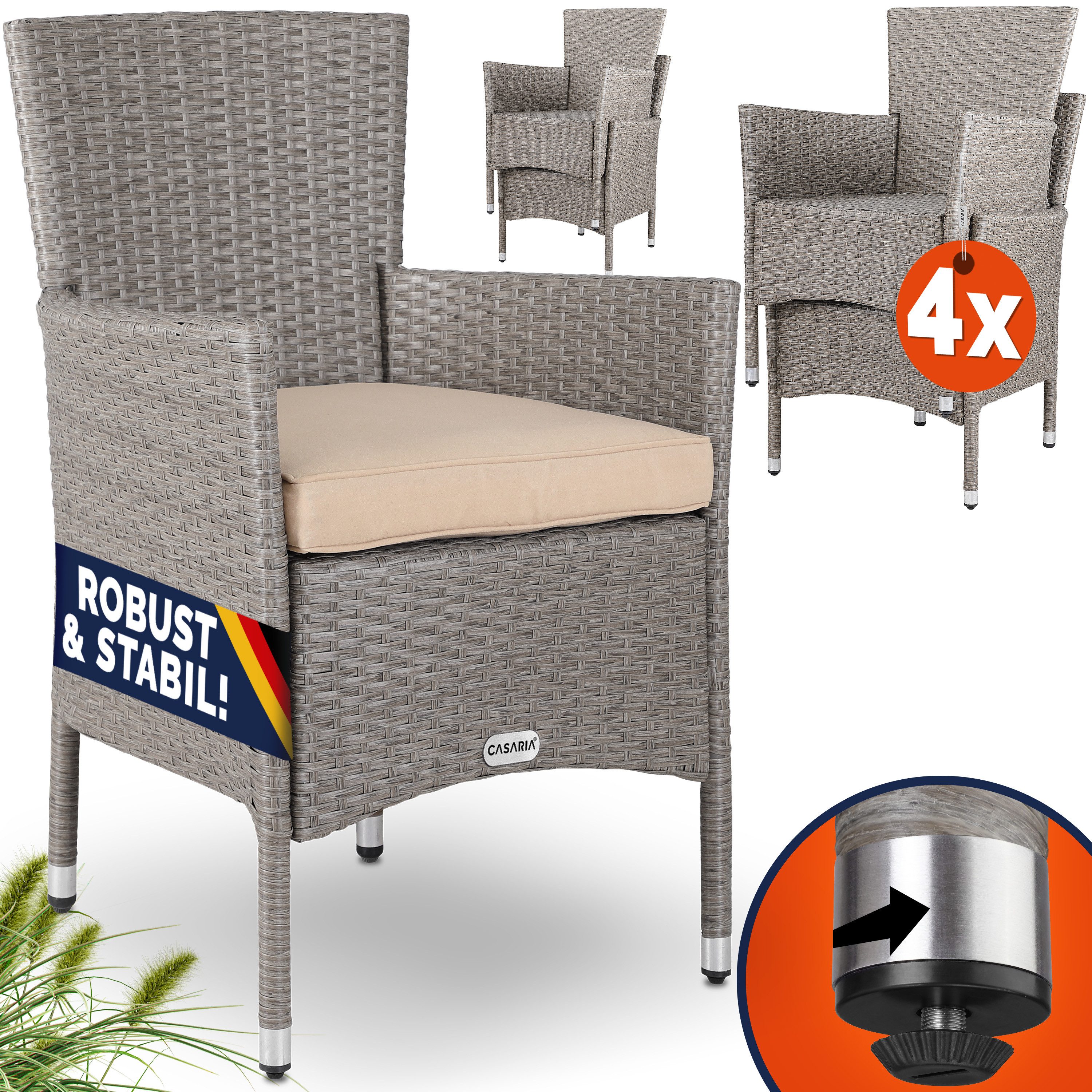 Casaria Gartenstuhl (4 St), Polyrattan 4er Set Stapelbar 7cm Auflagen 160kg Belastbarkeit