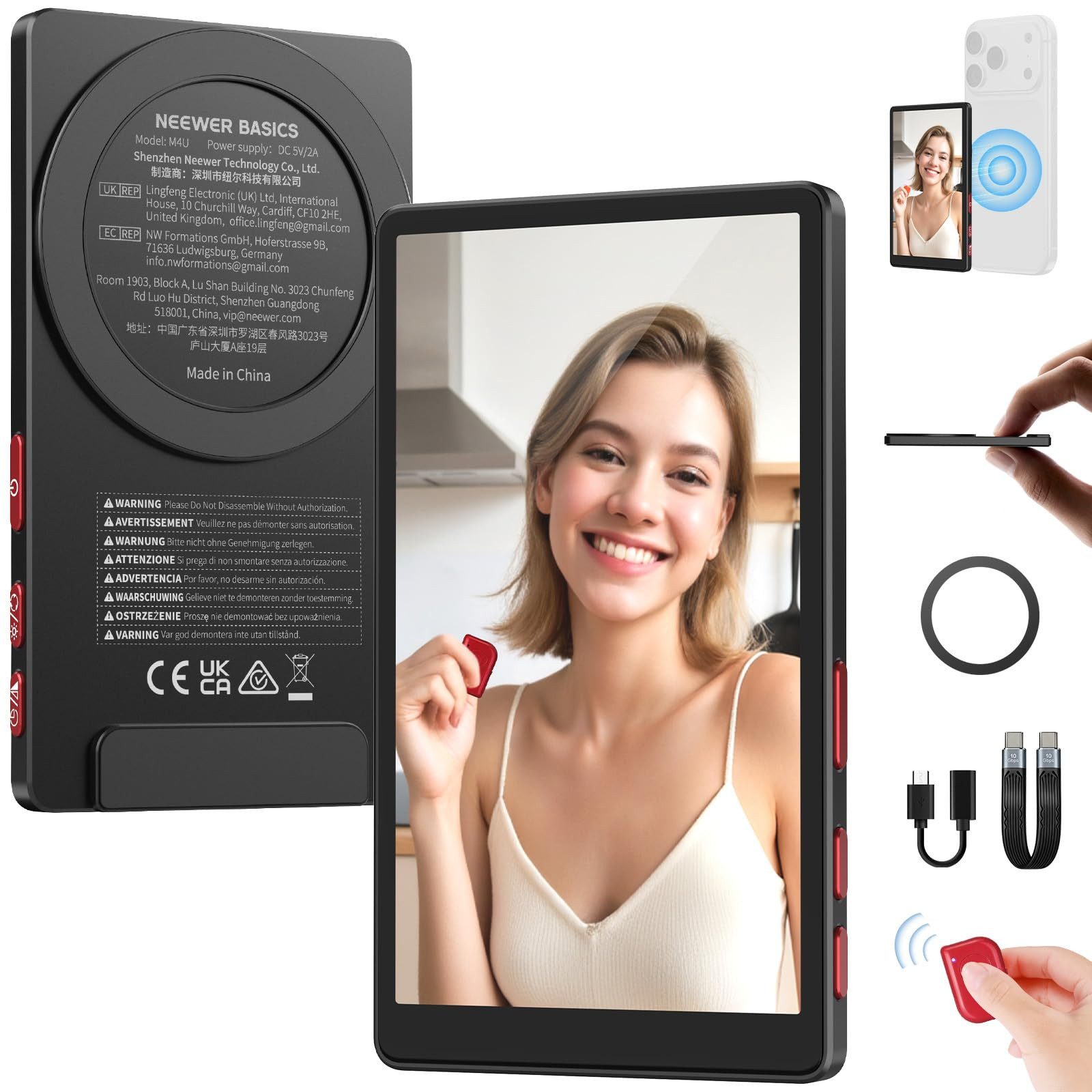 Neewer Kamerazubehör-Set M4U 4" ultradünner magnetischer Vlog Selfie Monitor, Fernbedienung, (Packung, 1 tlg), 600 Nits, für 4K 120 fps kabelgebundene Streaming iPhone 17 16 Serie