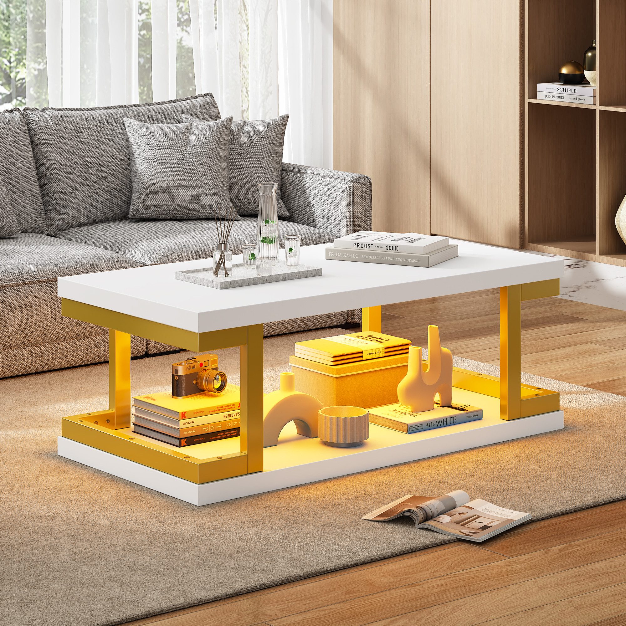 Merax Couchtisch mit LED-Beleuchtung, Rechteckiger Sofatisch in Weiß Gold (100×50×37,5cm, 1-St), Beistelltisch Wohnzimmertisch mit Ablagefläche aus MDF und Metall